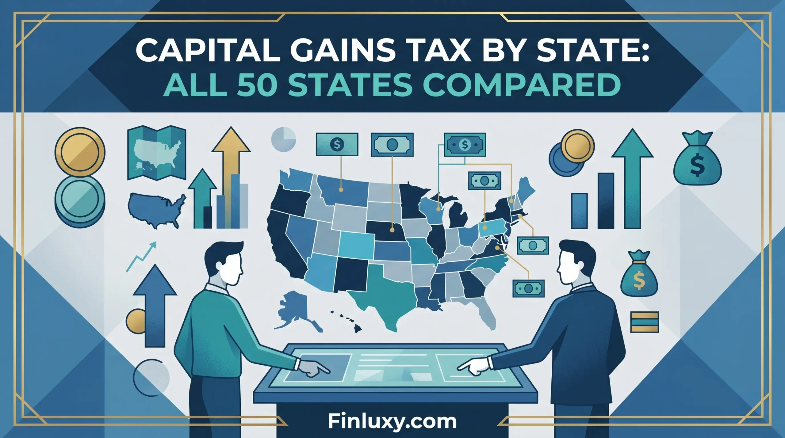 Geometric illustration of a US map with financial icons, two professionals analyzing data, and the headline "Capital Gains Tax by State".