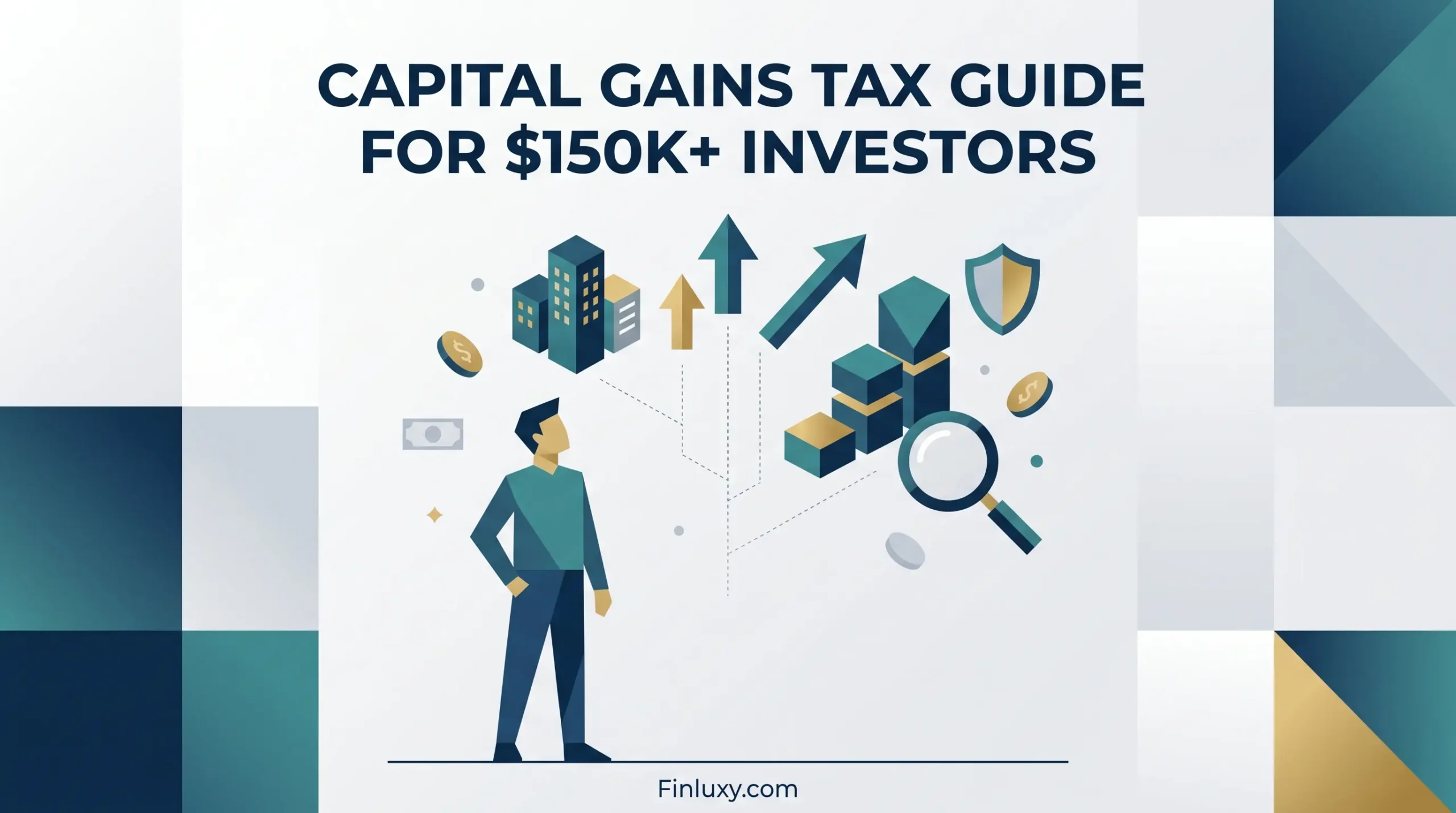 Geometric vector illustration of a person looking at rising arrows and financial icons, with the headline "Capital Gains Tax Guide for $150k+ Investors".