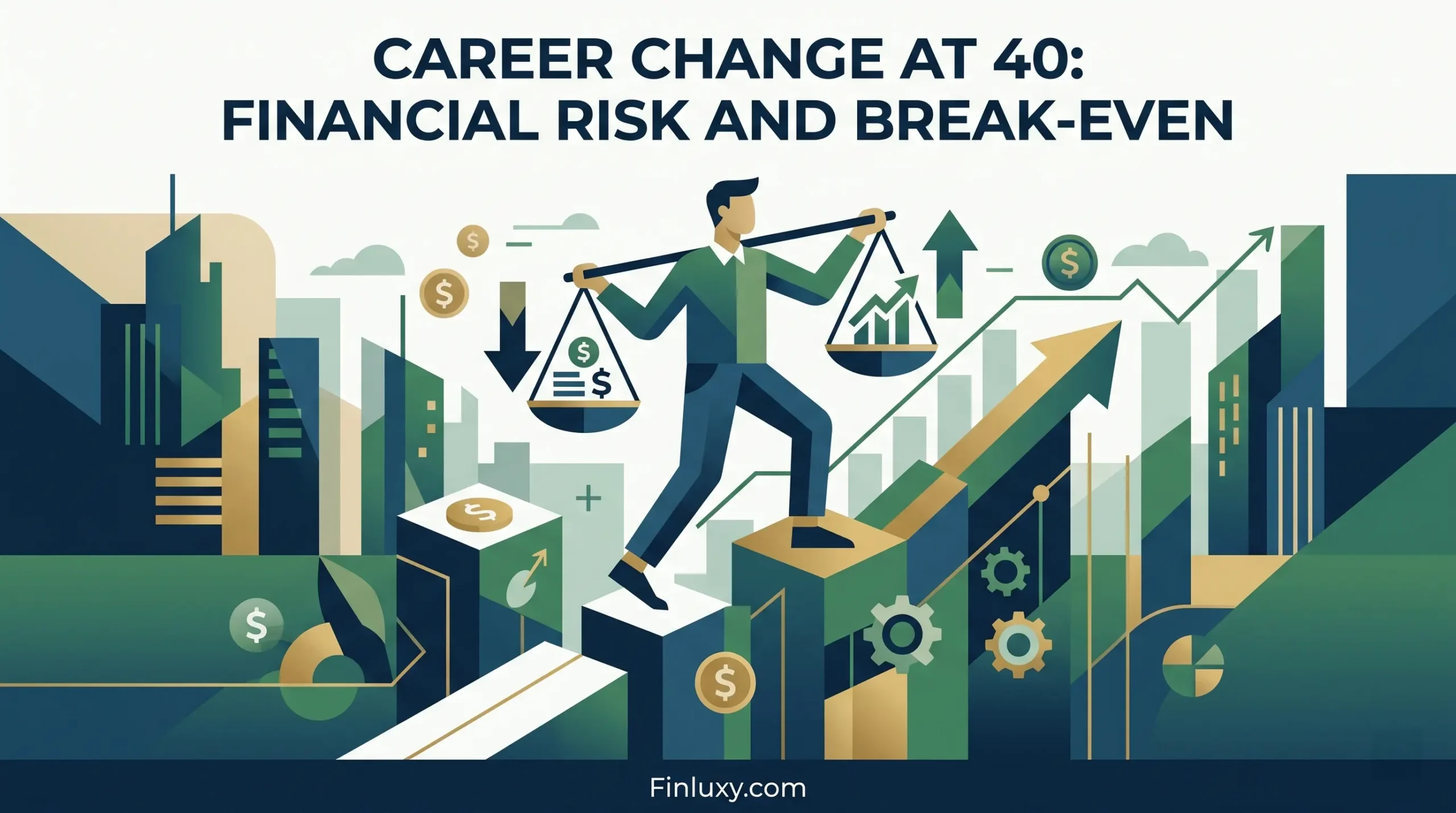 Modern vector illustration of a person stepping across a geometric bridge balancing scales, representing a career change, financial risk, and finding break-even.