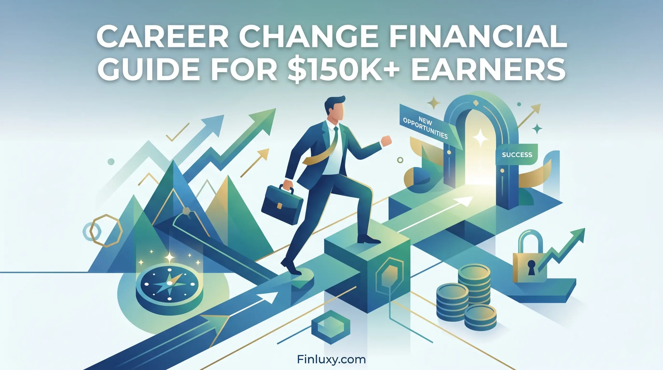 Geometric illustration of a professional navigating abstract pathways toward a glowing doorway, surrounded by subtle financial symbols.