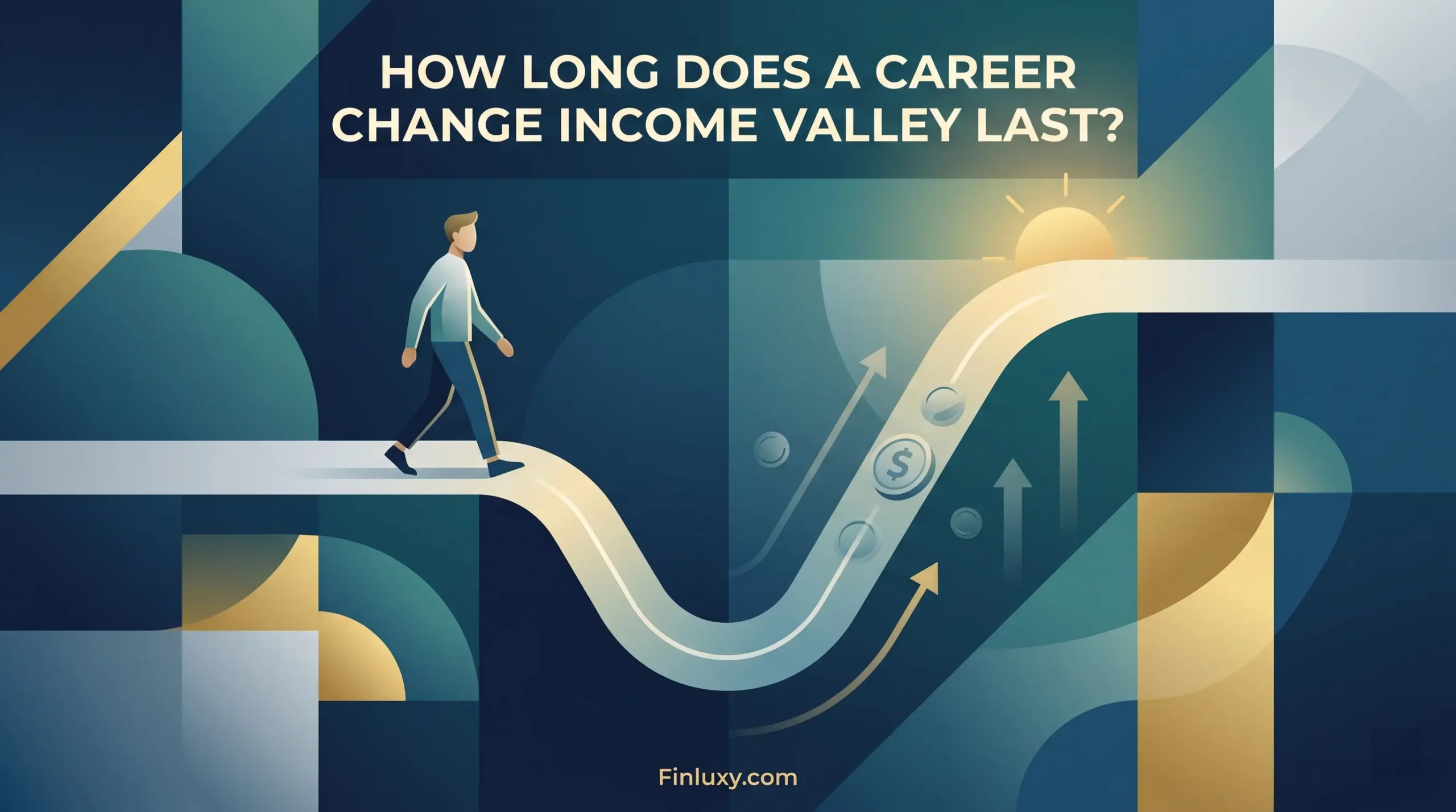 Geometric illustration showing a faceless figure navigating a dipped path that rises upward, symbolizing an income valley.