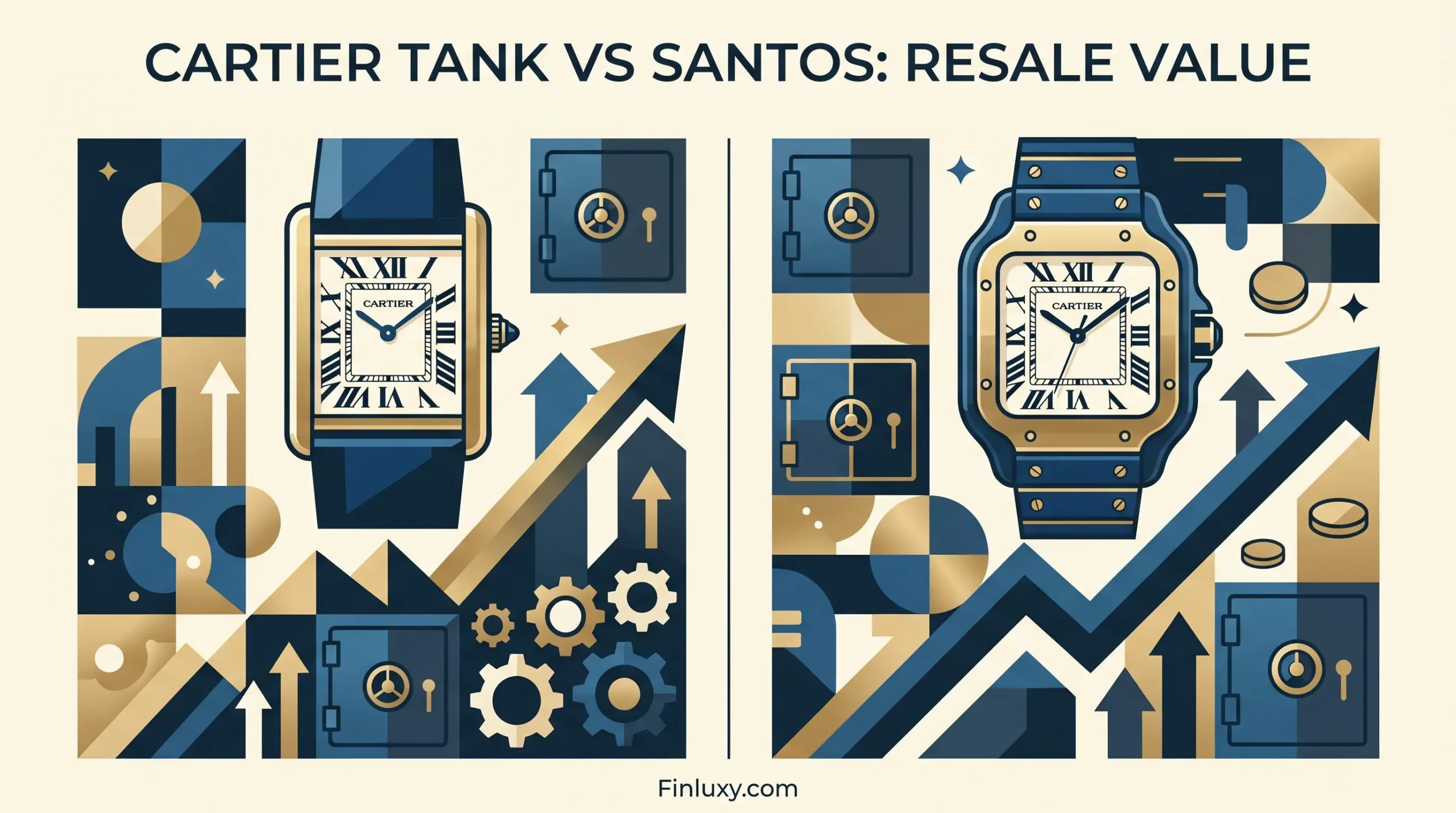 Geometric illustration comparing Cartier Tank and Santos watches, featuring upward trend arrows and vaults representing resale value.