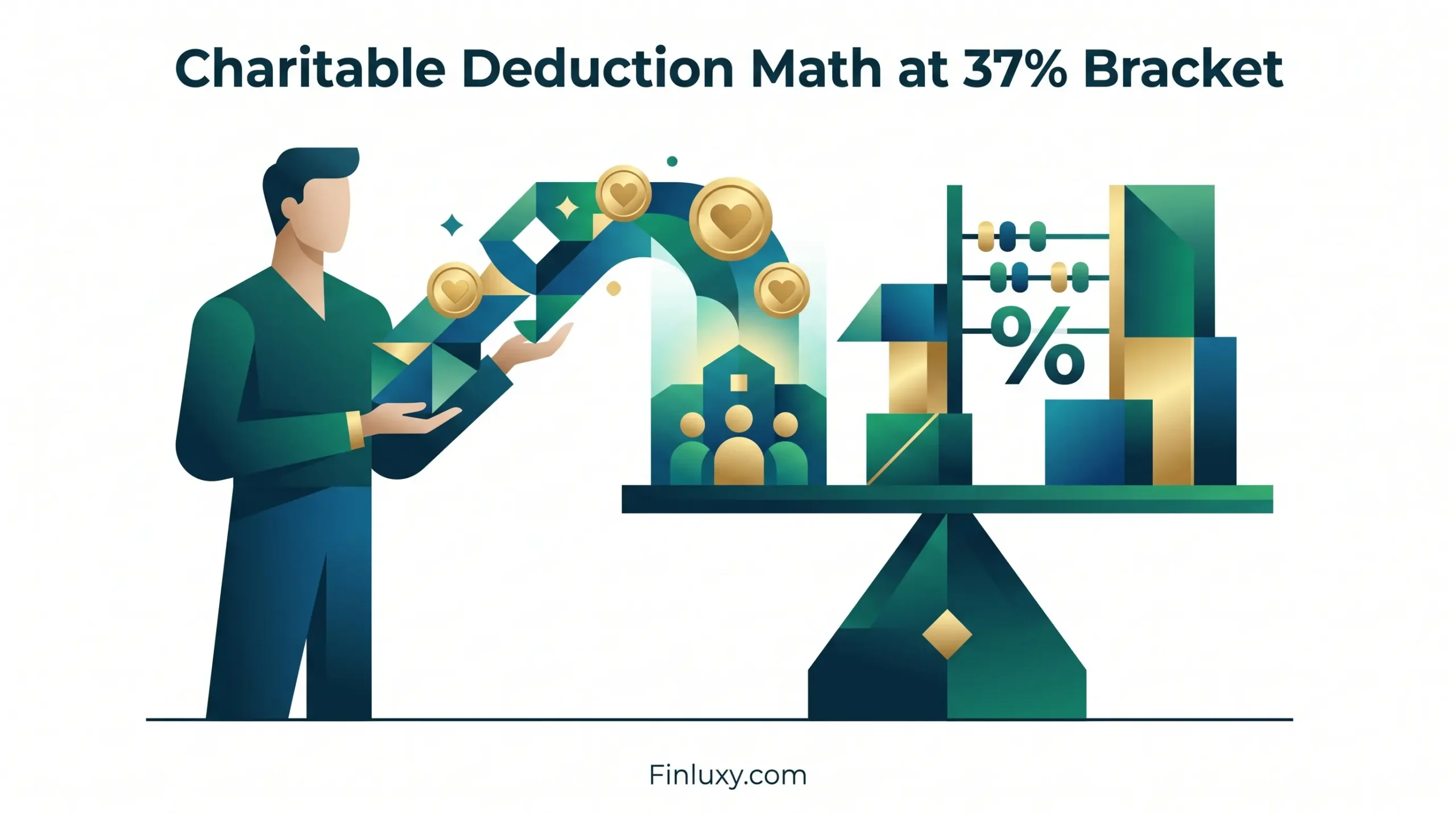 Modern geometric illustration of a person balancing charitable giving icons and tax calculation elements on a scale.