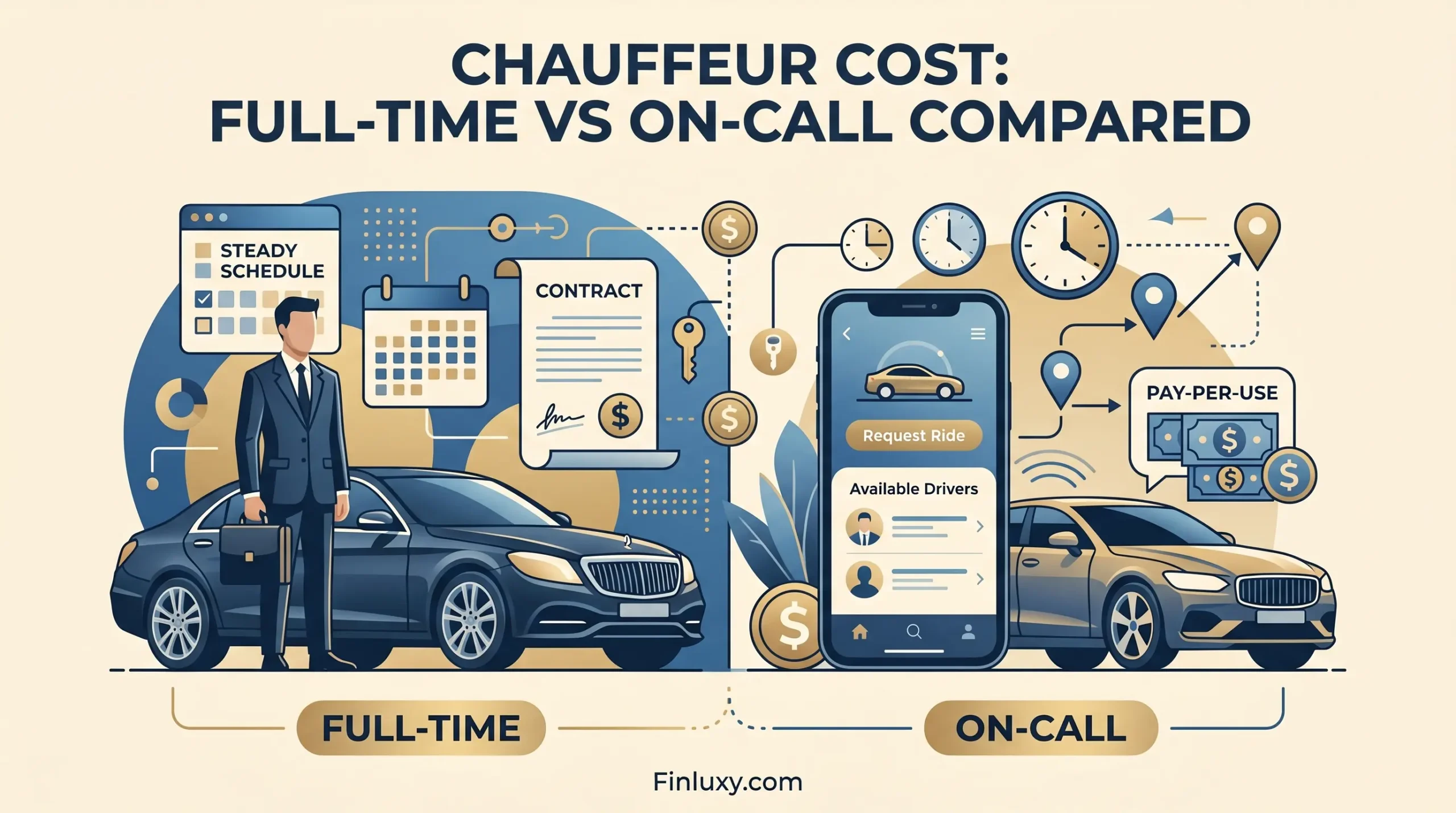 Geometric vector illustration comparing full-time chauffeur costs with a steady contract, against an on-call service app and pay-per-use model.