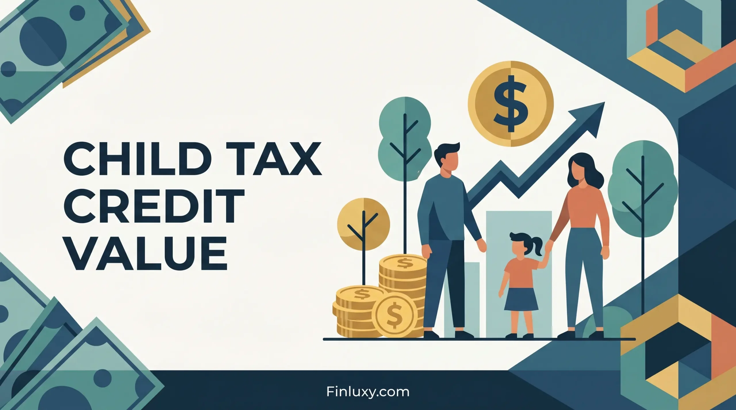 Geometric vector illustration for Finluxy showing a family near coins and growth icons for Child Tax Credit value.