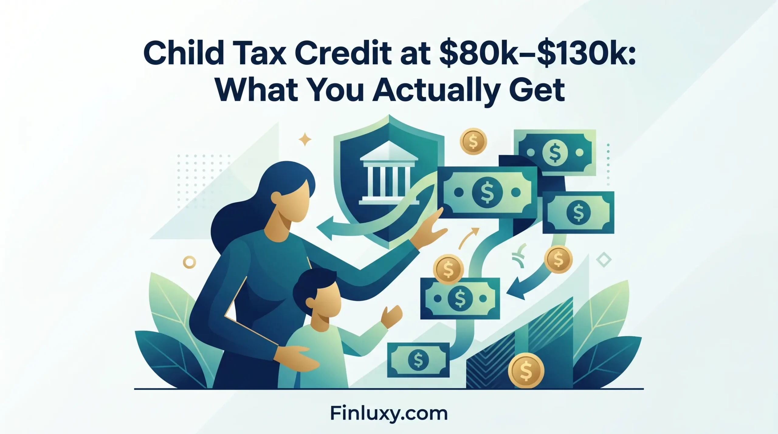 A geometric vector illustration for Finluxy.com showing a parent and child next to flowing money and a bank icon, with the text "Child Tax Credit at $80k–$130k".