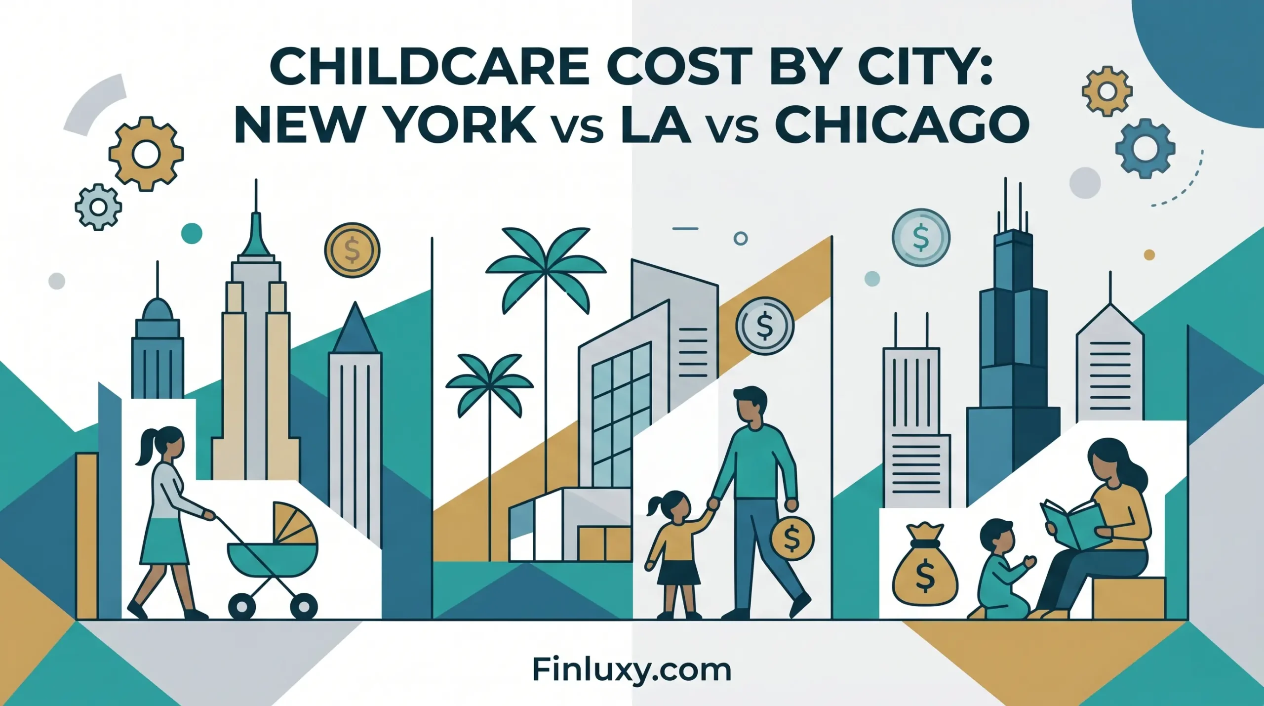 Geometric vector illustration comparison of skyline landmarks and families in New York, LA, and Chicago with Finluxy.com logo.
