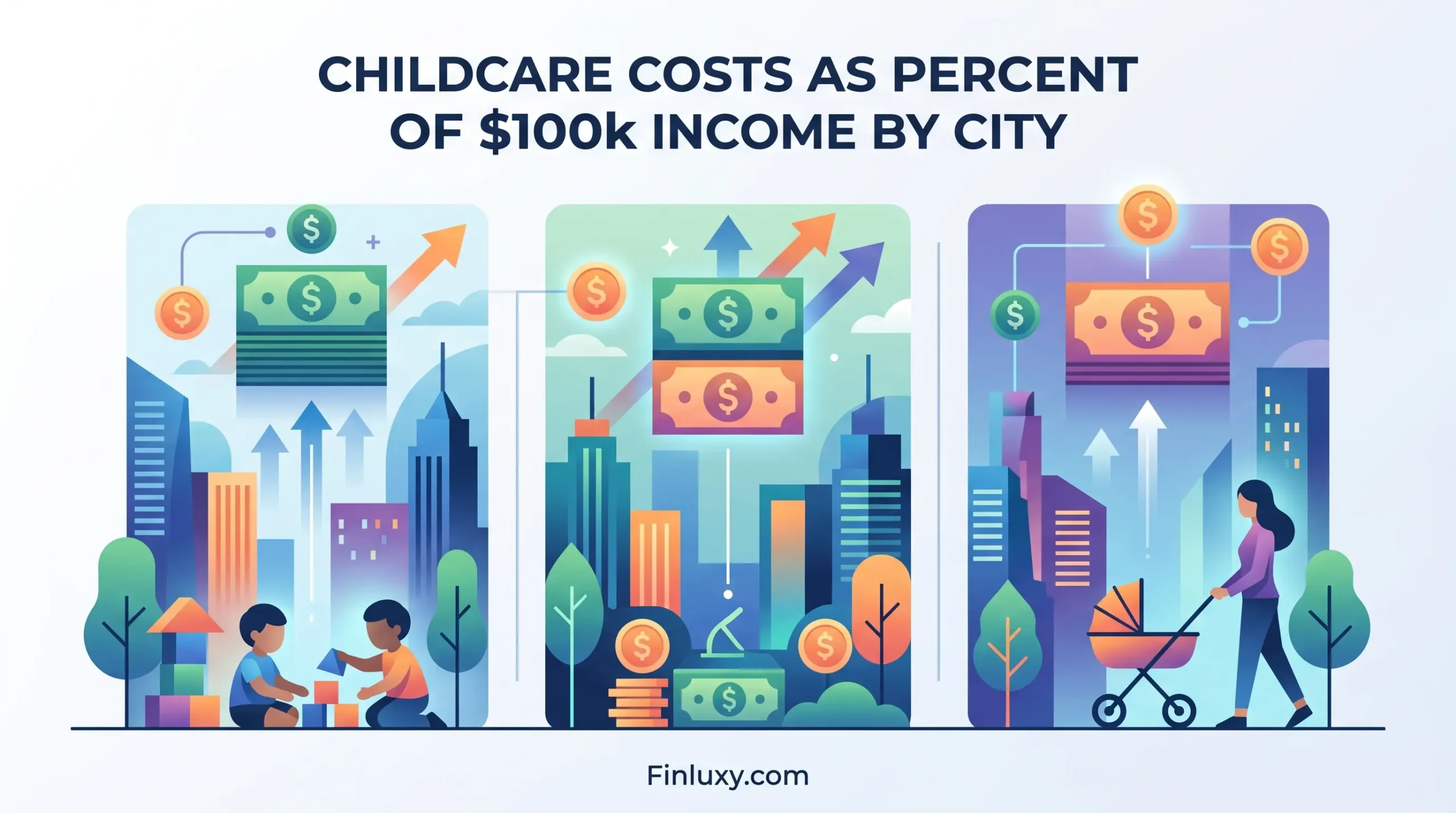 Vector art comparing childcare costs and income across three modern, geometric cityscapes.