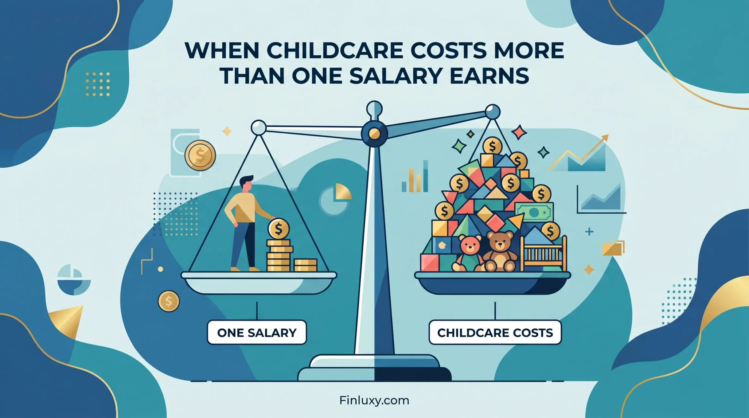 A vector illustration of a balance scale showing childcare costs outweighing one salary, set against a teal geometric background.