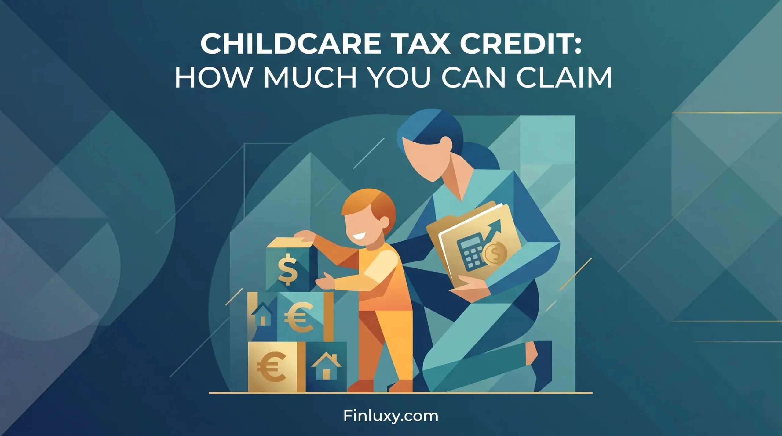 Geometric vector illustration of a mother and child with financial symbols for a childcare tax credit article.