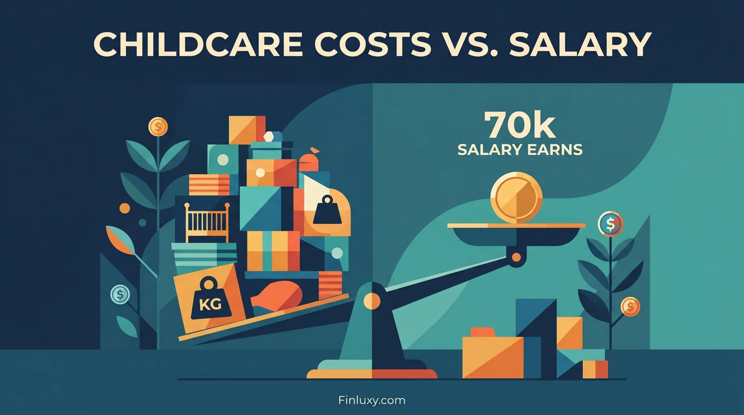 Minimal geometric illustration showing childcare costs as a large, heavy stack overwhelming a smaller salary representation on a scale.