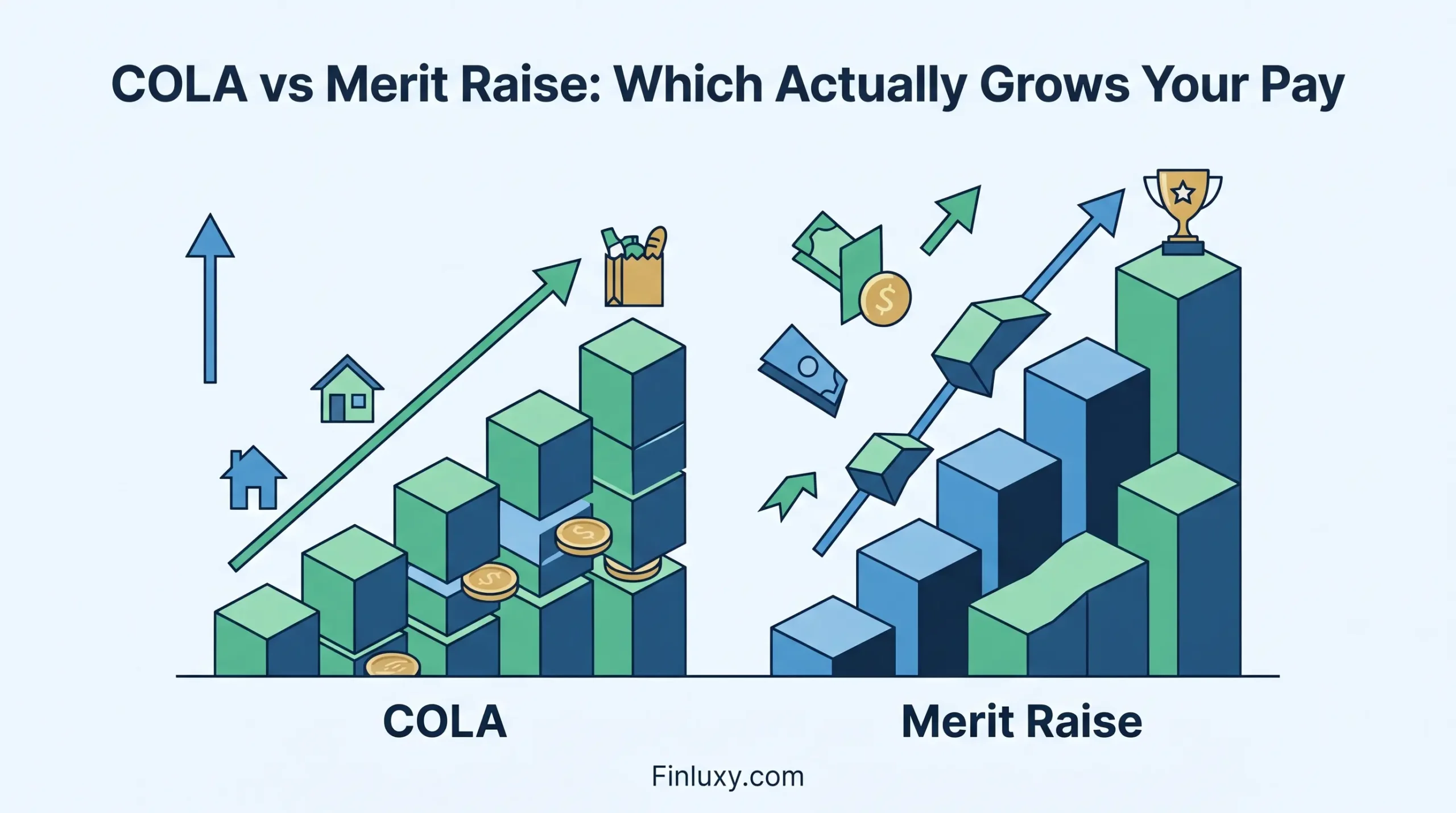 A geometric vector illustration comparing steady COLA growth with steeper, trophy-winning merit raise pay increases, for Finluxy.com.