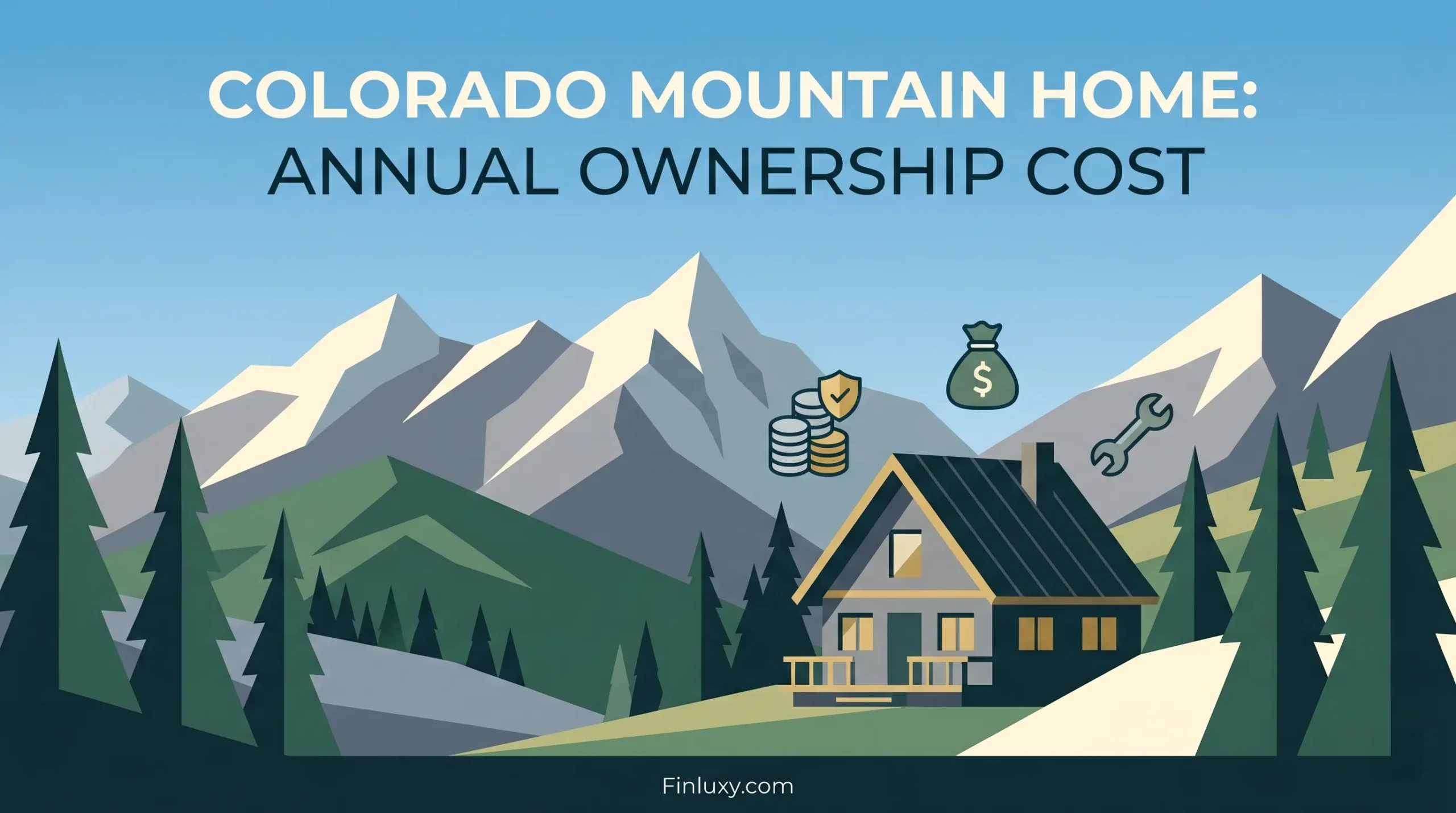 Geometric illustration of a Colorado mountain cabin with finance and maintenance icons under the headline "COLORADO MOUNTAIN HOME: ANNUAL OWNERSHIP COST."