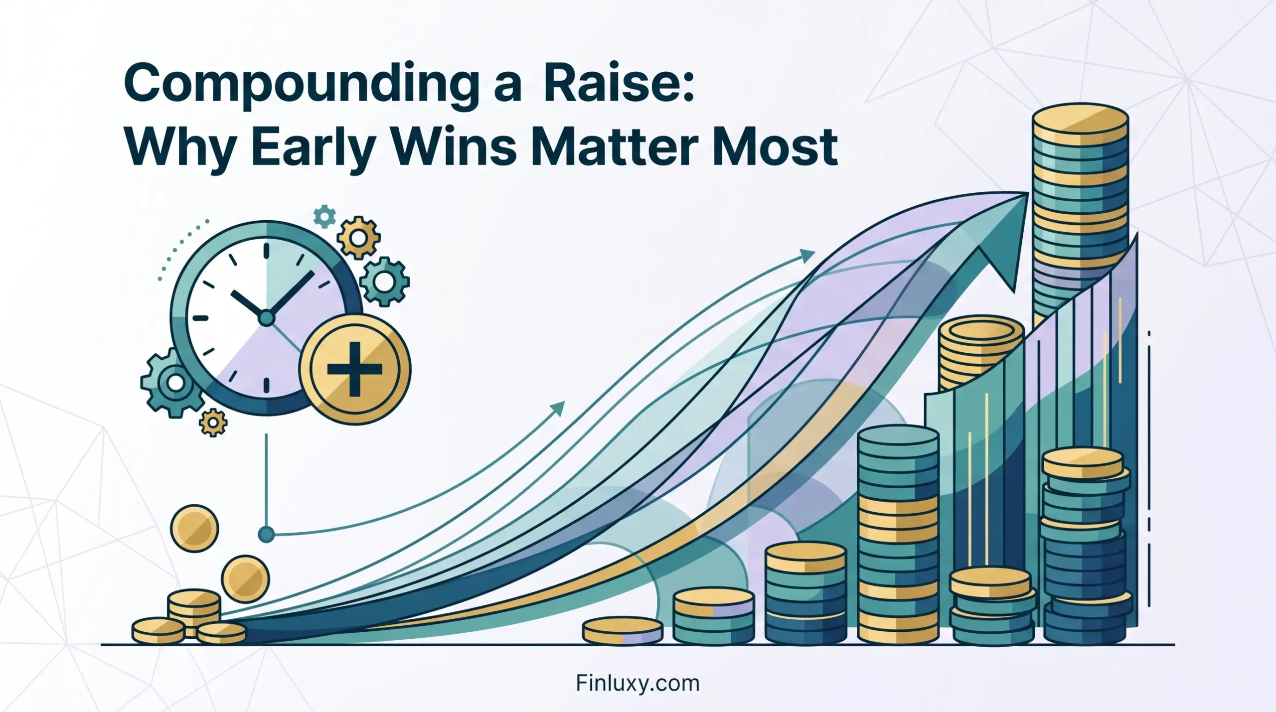 A geometric vector illustration showing a clock, growing coin stacks, and arrows symbolizing financial compounding and early career growth.