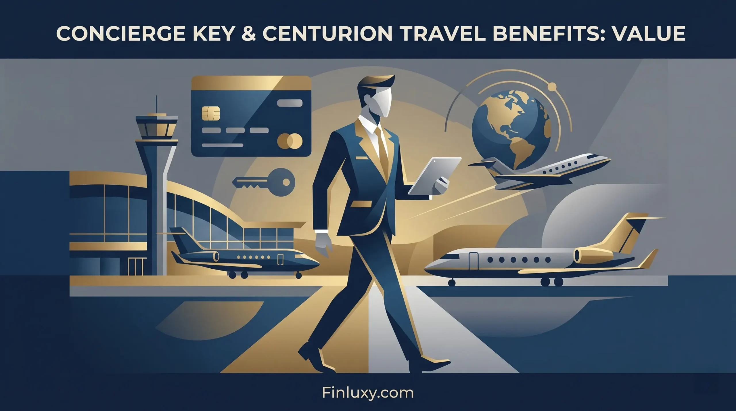 Geometric vector illustration of a businessman walking at an airport with private jets, a luxury credit card, and a globe.