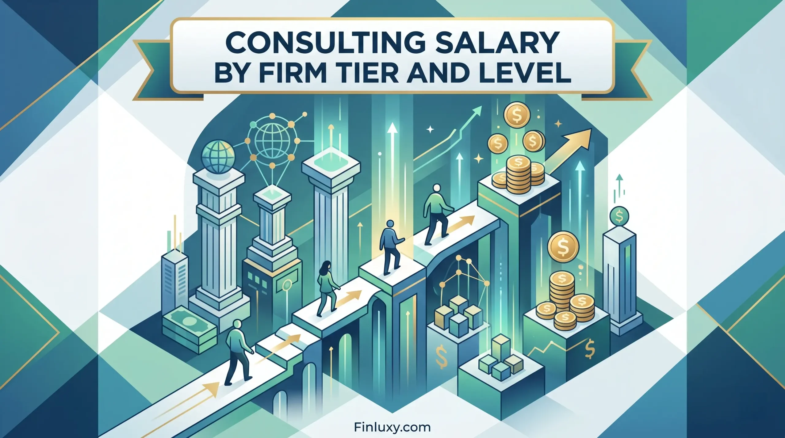 Geometric illustration of abstract figures climbing tiered steps with coins, representing consulting career and salary progression.