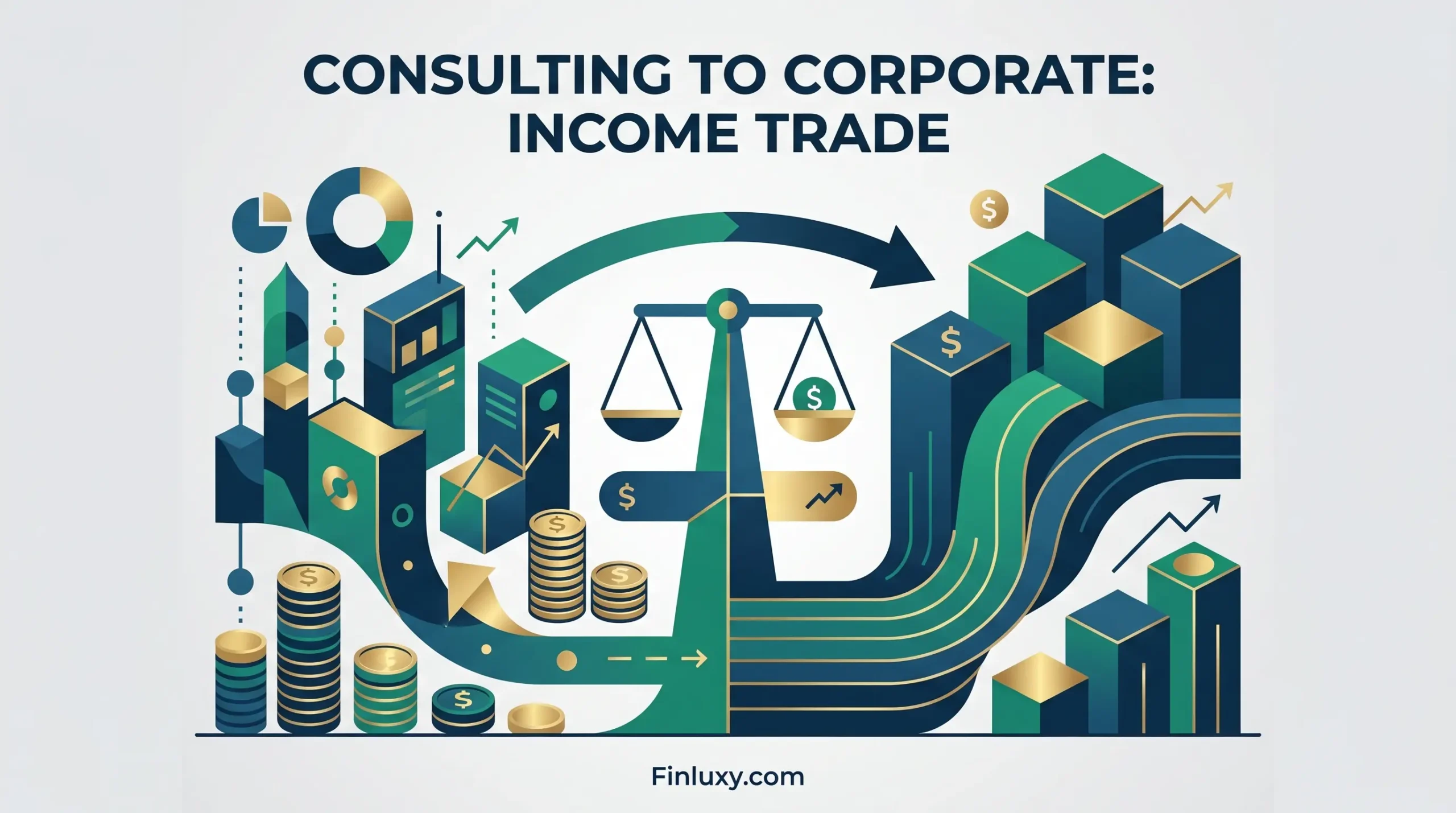 Geometric illustration showing a balance scale, coins, and directional arrows representing the financial transition from consulting to corporate.