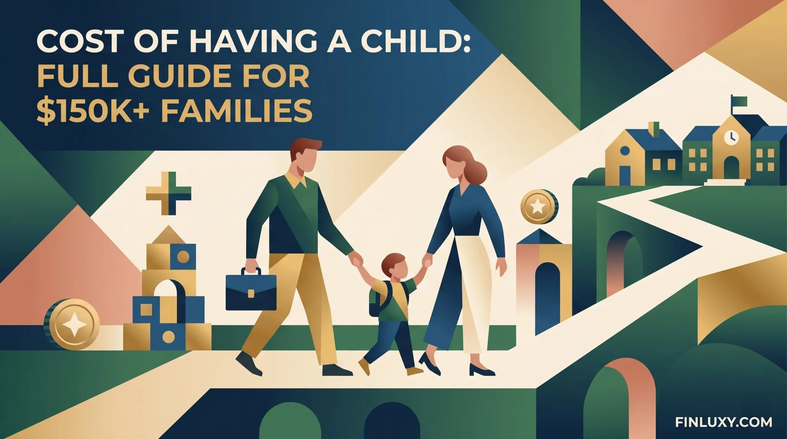 Geometric vector illustration of a family holding hands on a path toward a school, with article headline and Finluxy.com logo.