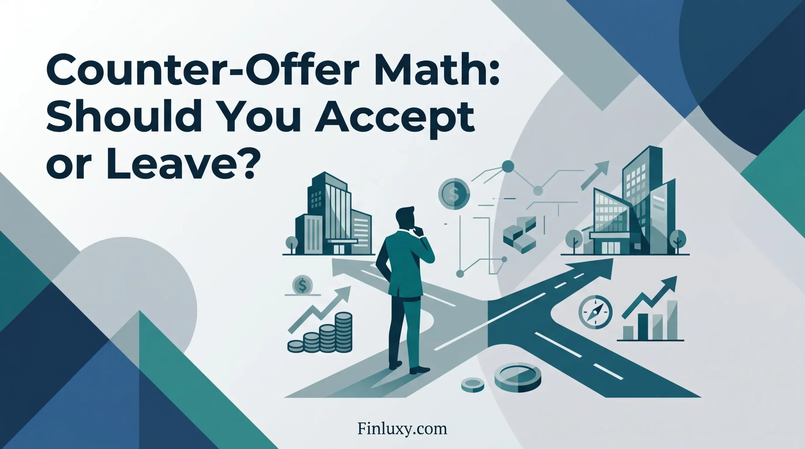 A geometric vector illustration shows a businessman at a crossroads, symbolizing the decision between accepting a counter-offer or leaving.