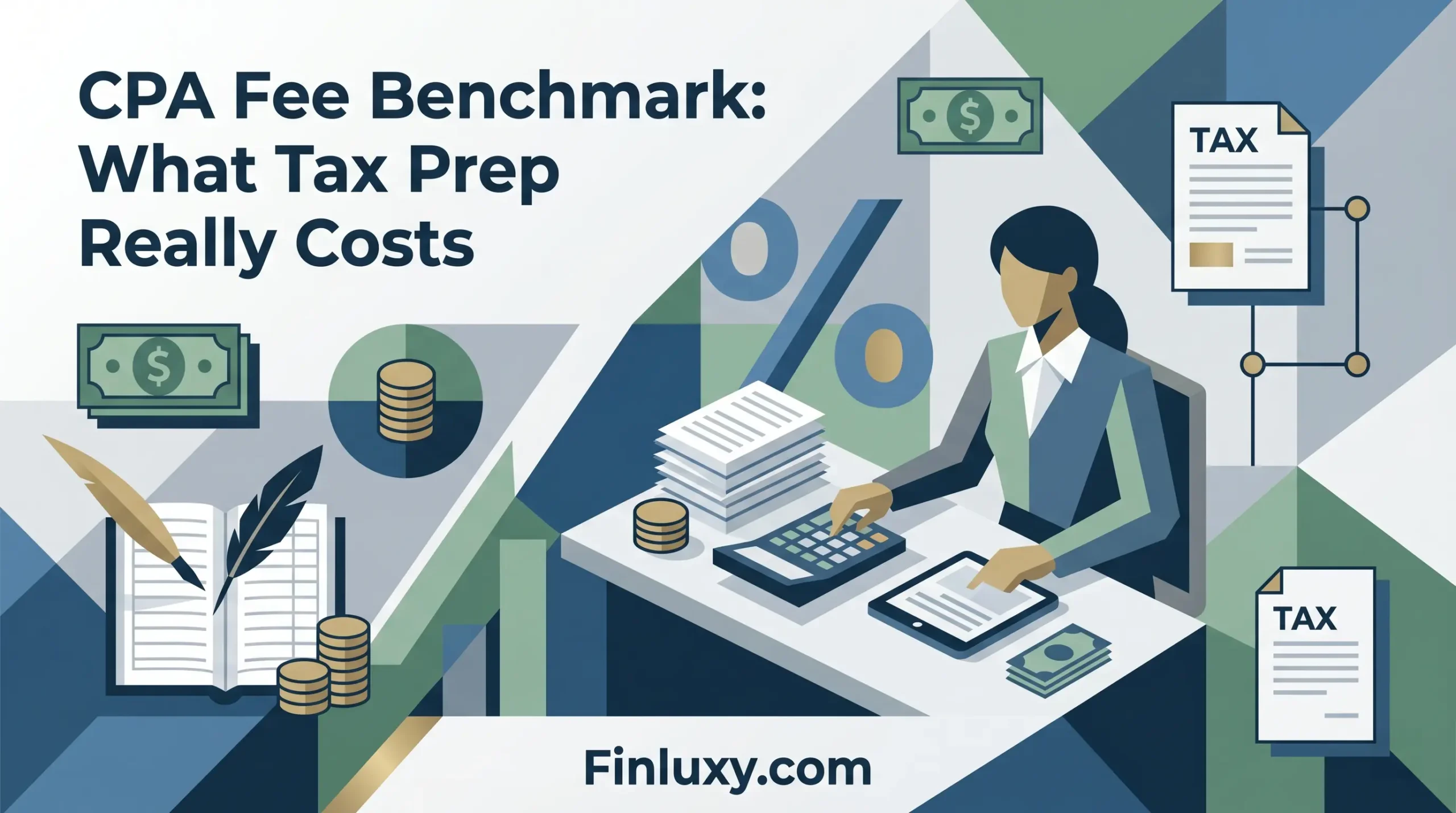 Geometric vector illustration of a professional preparing taxes with modern financial design elements and the headline "CPA Fee Benchmark".