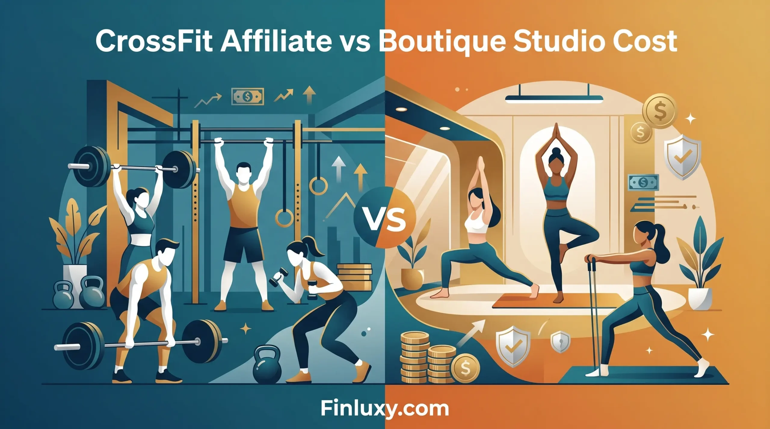 A geometric vector illustration comparing a high-energy CrossFit gym to a serene boutique fitness studio, with subtle finance icons.