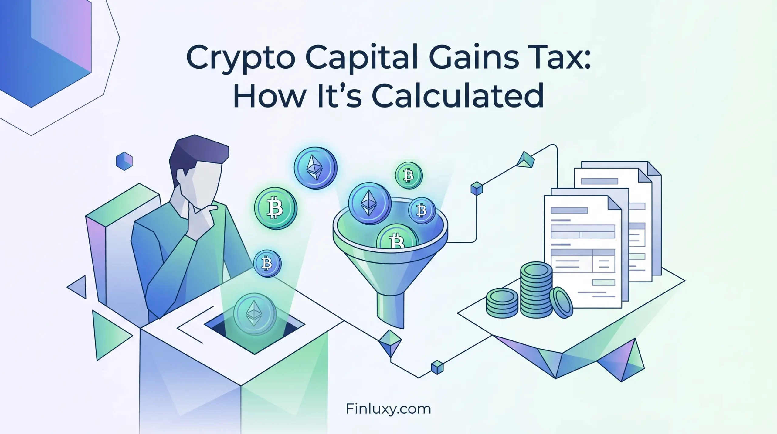 Geometric vector illustration of a person and a funnel processing digital crypto tokens into tax documents on Finluxy.com.