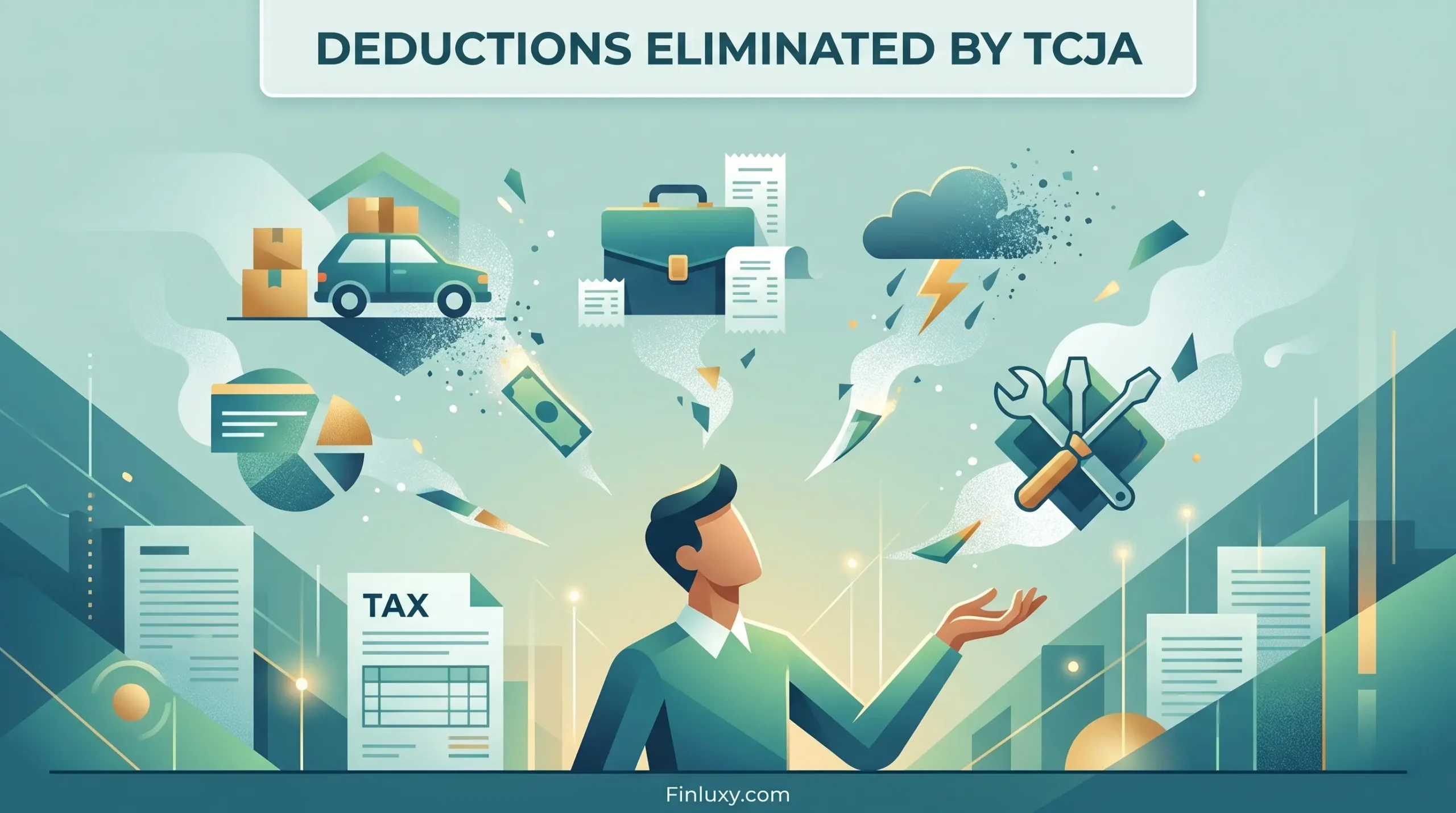 Geometric illustration showing a stylized professional navigating dissolving tax concepts like moving expenses, business costs, and casualty losses.
