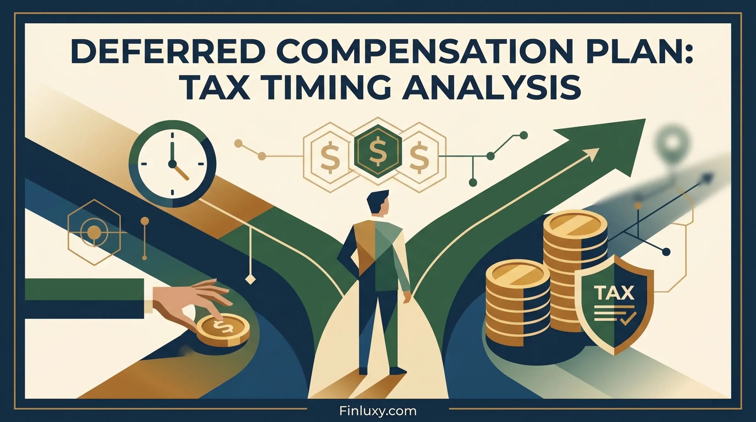 Geometric illustration showing a man analyzing the timing of deferred compensation and taxes over time for Finluxy.