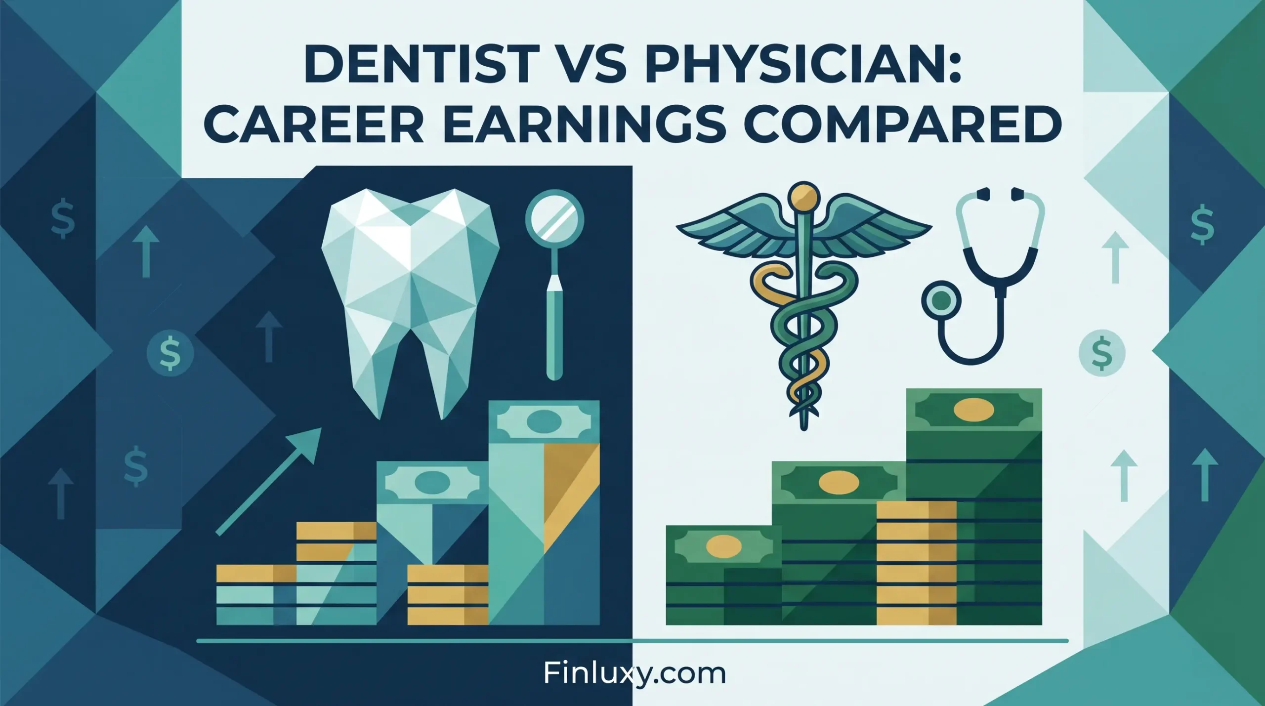 A split geometric illustration compares dental tools and a large tooth icon with a caduceus and stethoscope, both above rising stacks of money.