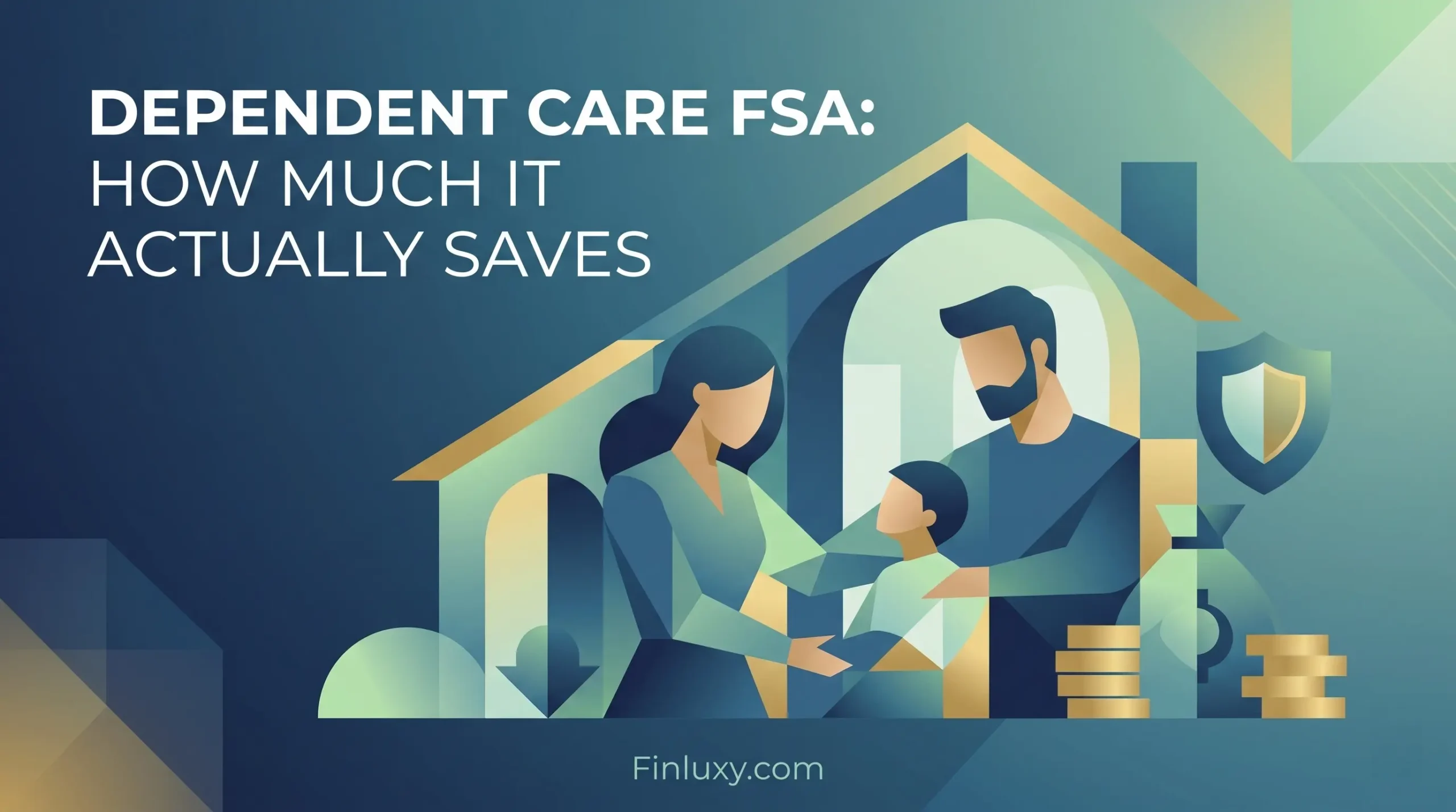 Geometric illustration of a family and home with savings icons for an article on Dependent Care FSA benefits.