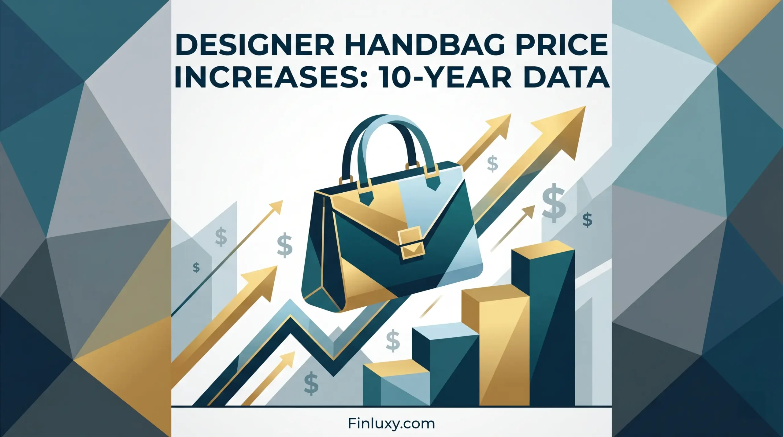 A modern geometric vector illustration showing a luxury handbag rising alongside financial bar charts and upward-pointing gold arrows.