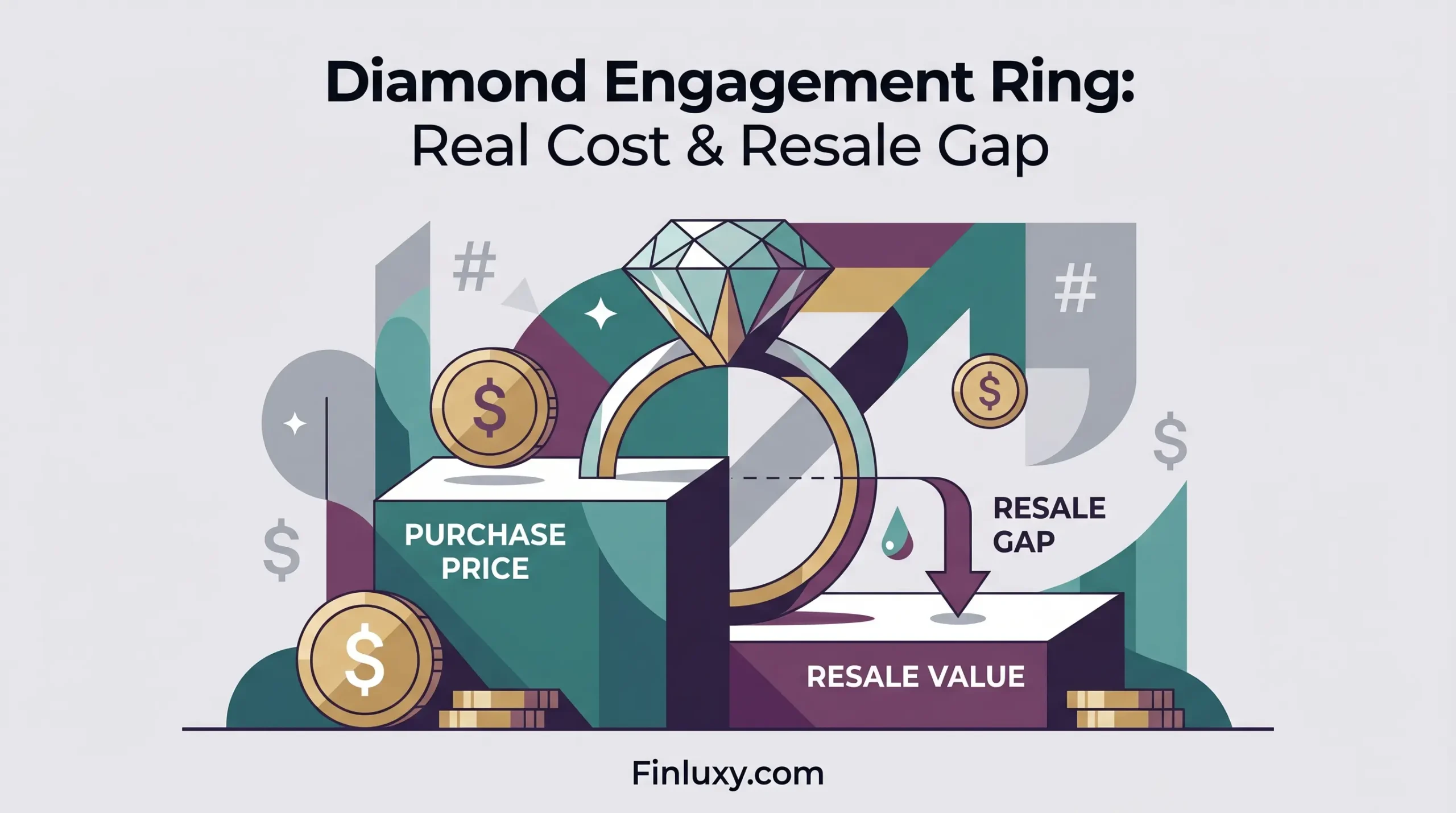 Minimalist geometric vector graphic illustrating the price difference between buying and reselling a diamond engagement ring, with the Finluxy.com logo.