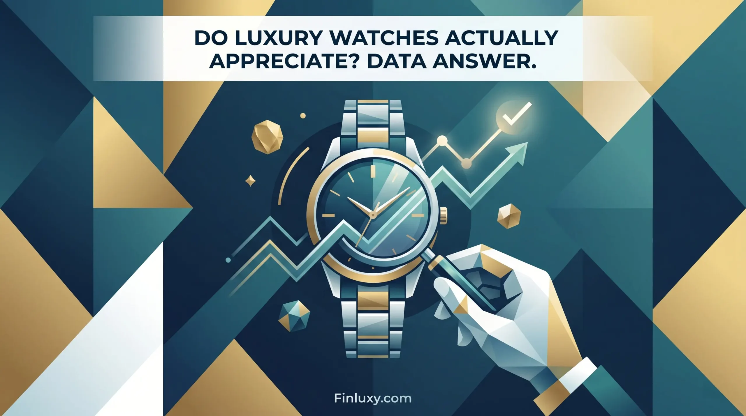 Geometric vector illustration with a magnifying glass examining a luxury watch against a rising financial chart.