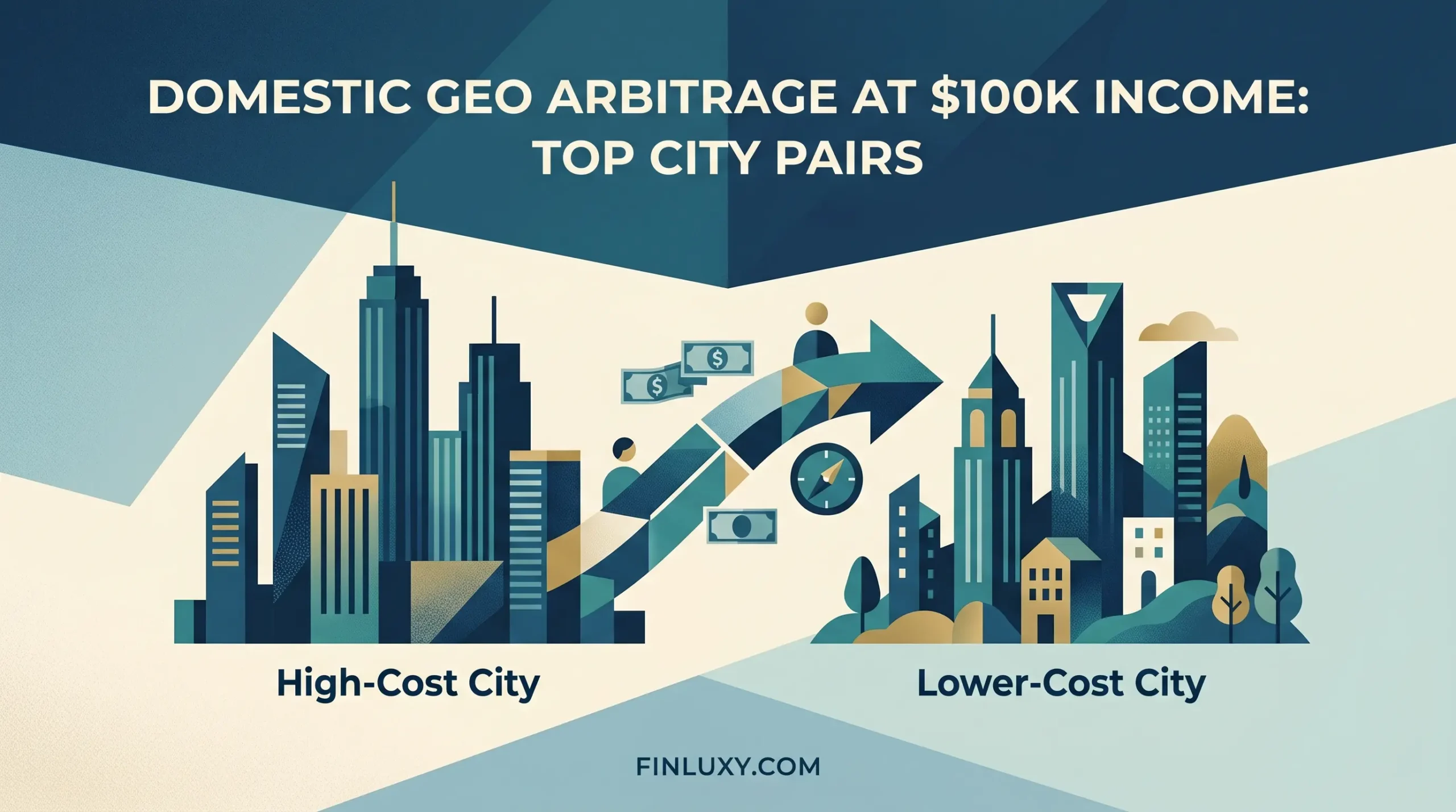 Geometric vector illustration showing an arrow connecting a high-cost skyline to a lower-cost cityscape, titled for domestic geo arbitrage.