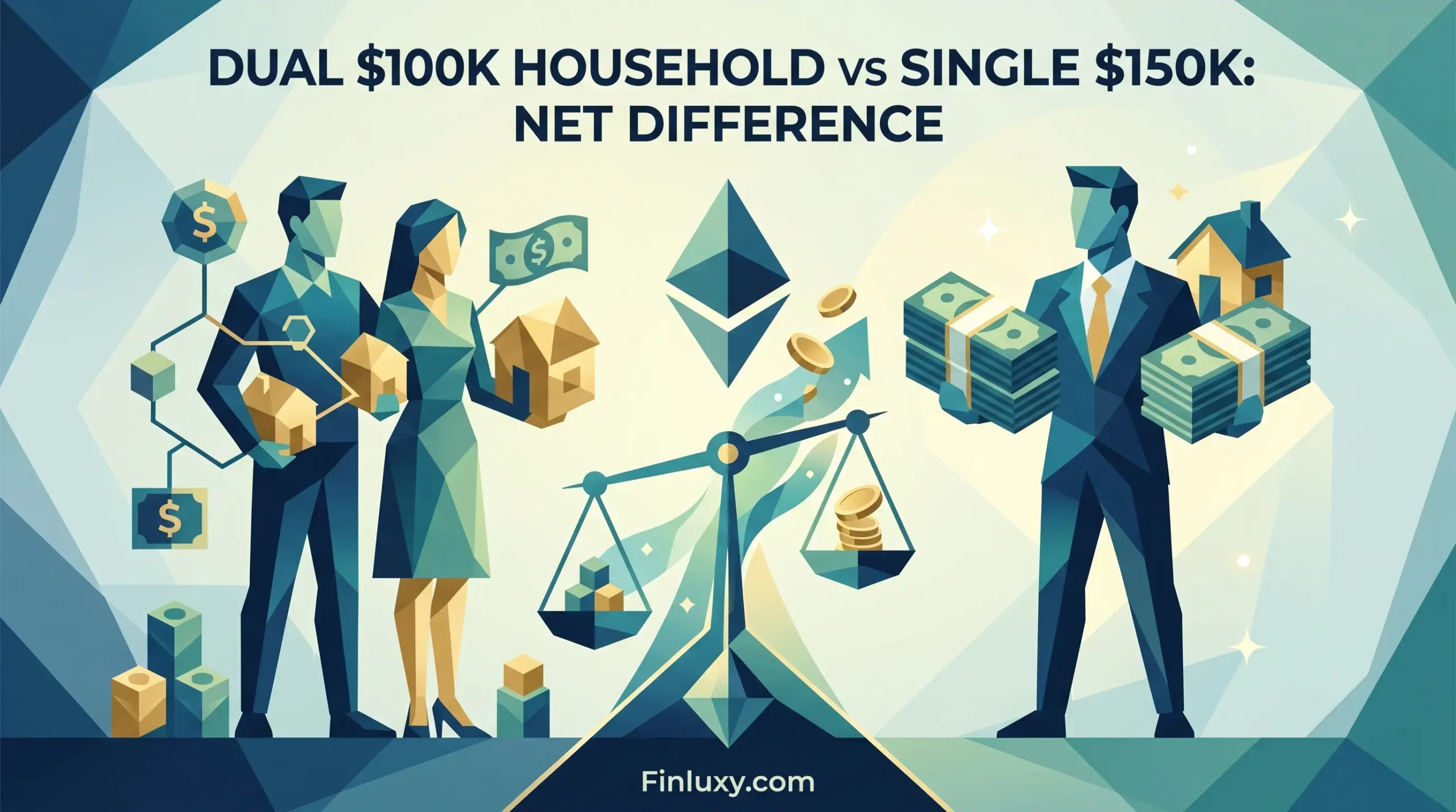 Geometric illustration comparing a dual-income couple to a single high-earner using a balance scale.