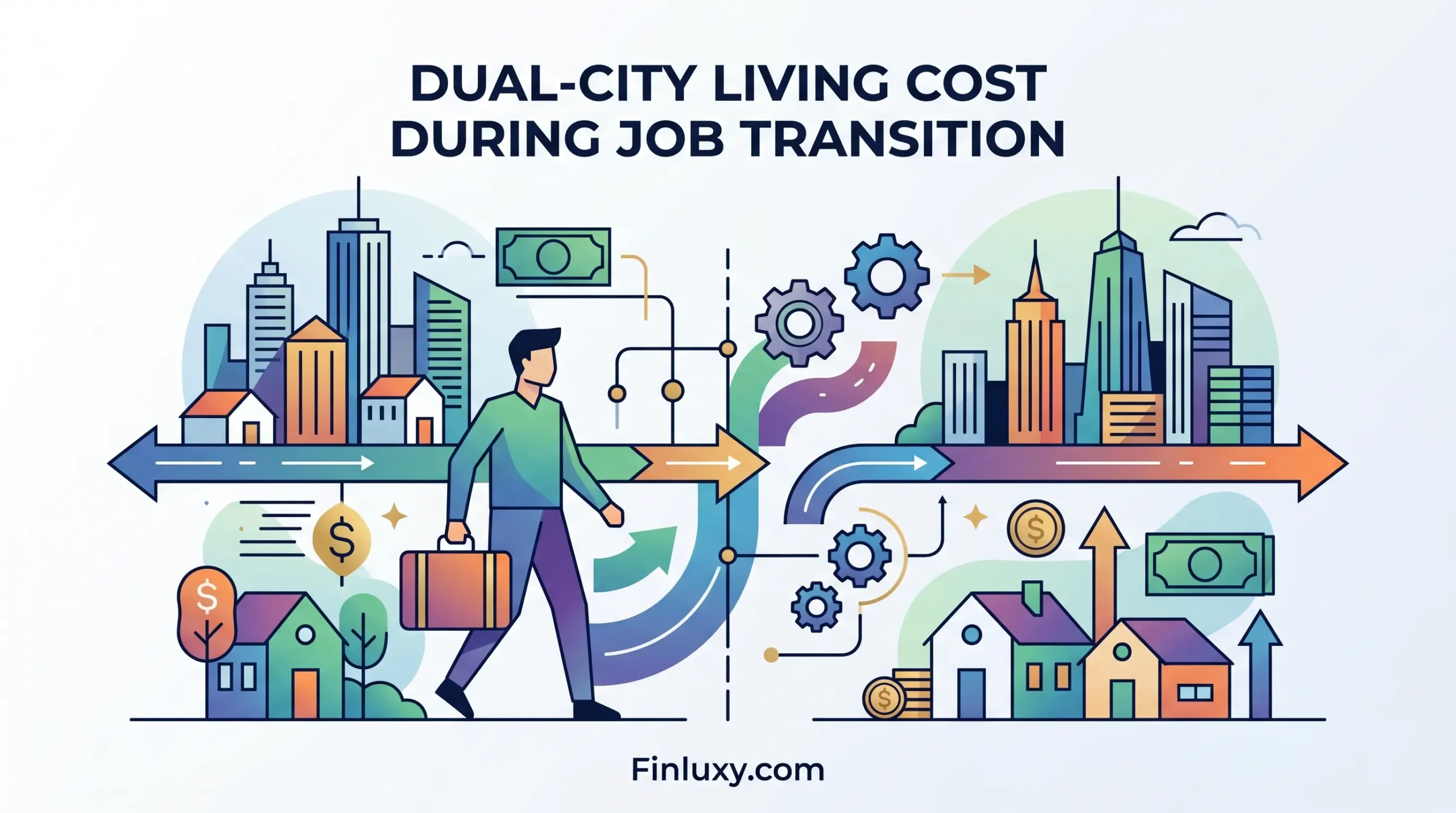A modern geometric vector illustration showing a person with a suitcase transitioning between two city skylines, representing dual-city living costs and career movement.