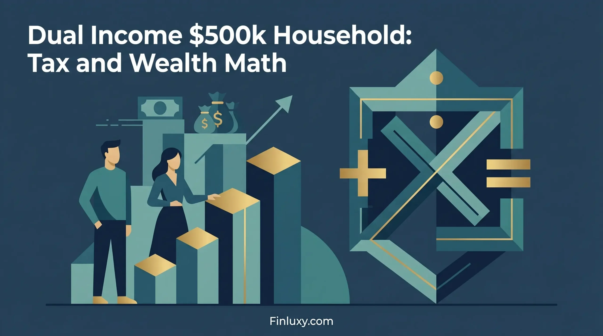 Geometric vector illustration of a couple beside growing wealth blocks and a tax calculation symbol.
