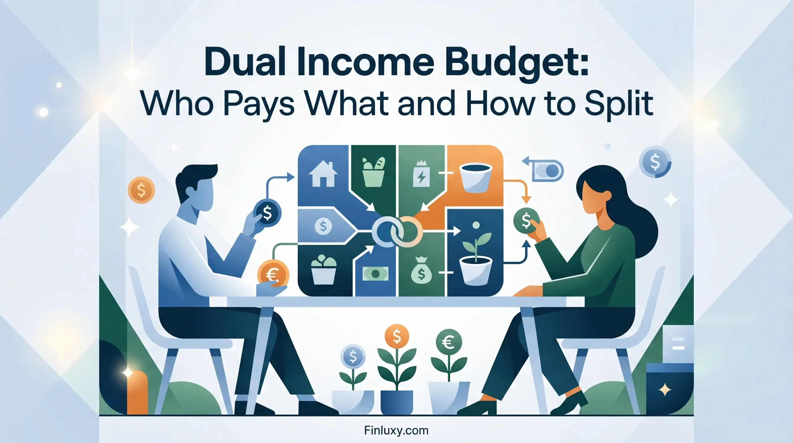 Geometric vector illustration of a couple sitting at a table managing shared household expenses, with the headline "Dual Income Budget".