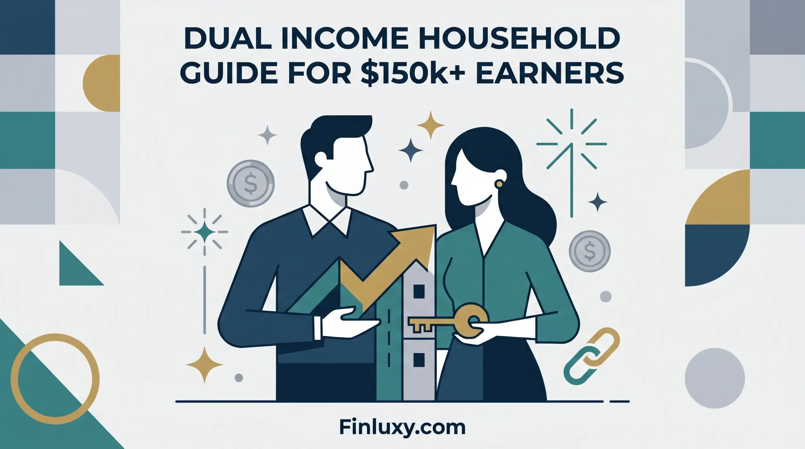 A vector illustration for a finance guide showing a couple planning with growth symbols and a key.