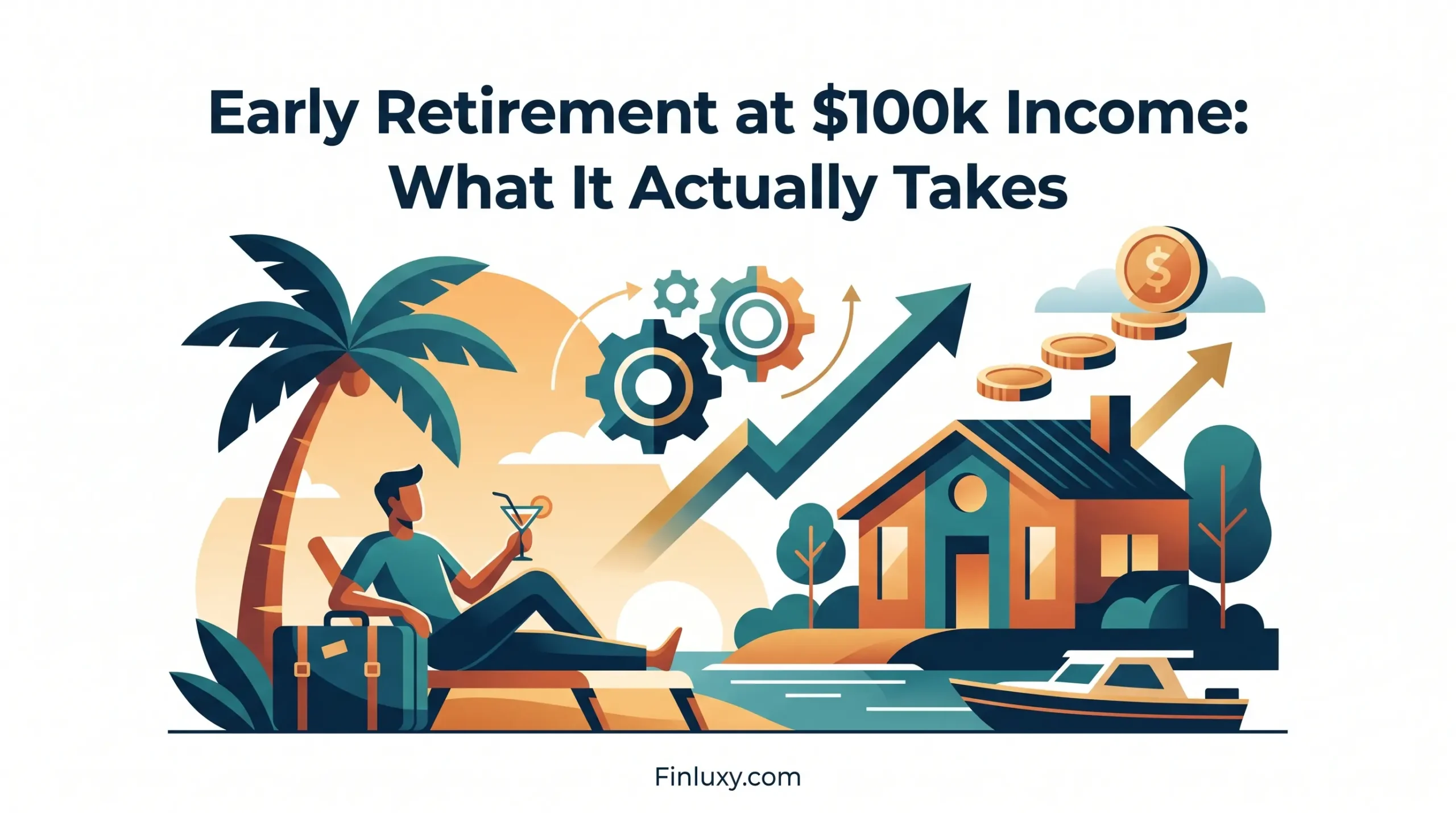 Geometric vector illustration of a person relaxing on a beach lounge chair next to a modern home and financial growth arrows.