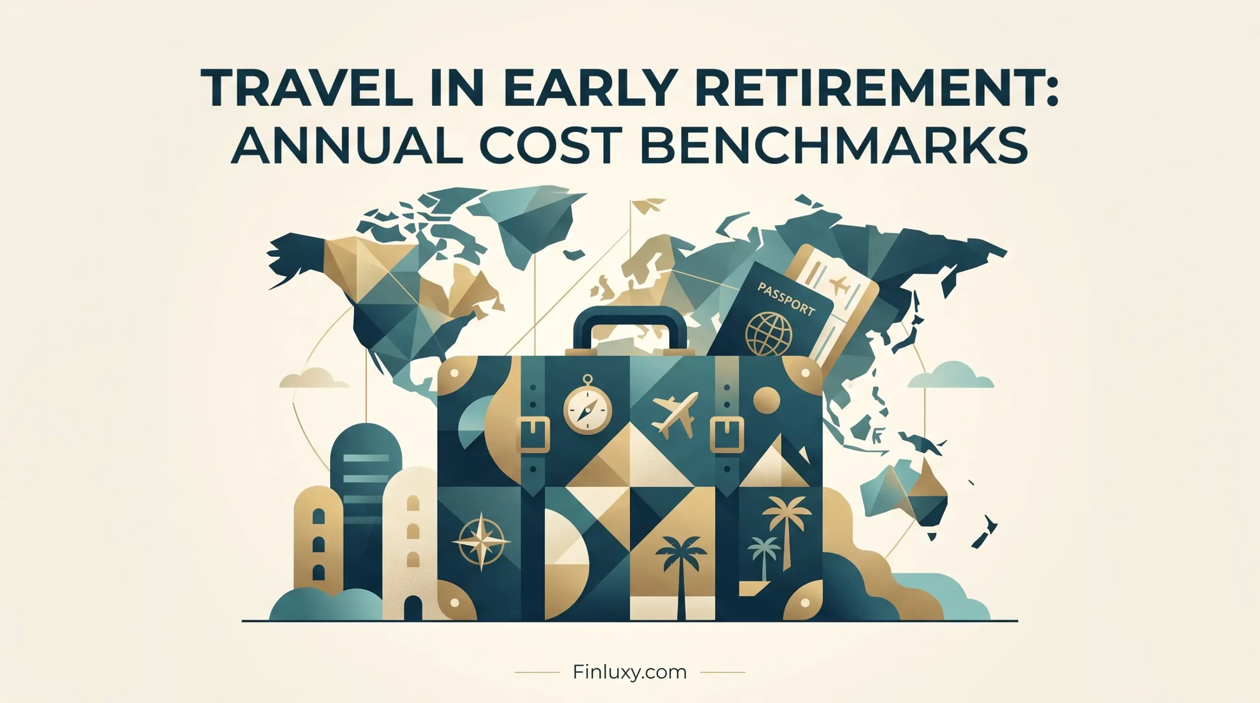 Geometric vector illustration of a travel suitcase against a stylized world map, featuring the headline "Travel in Early Retirement: Annual Cost Benchmarks."