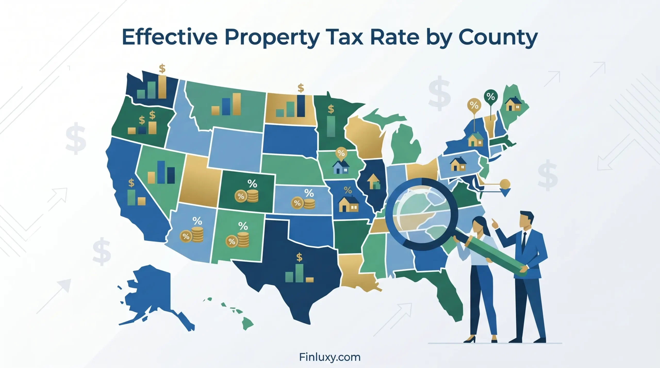 Geometric vector illustration of a United States map with a magnifying glass and abstract property tax elements.