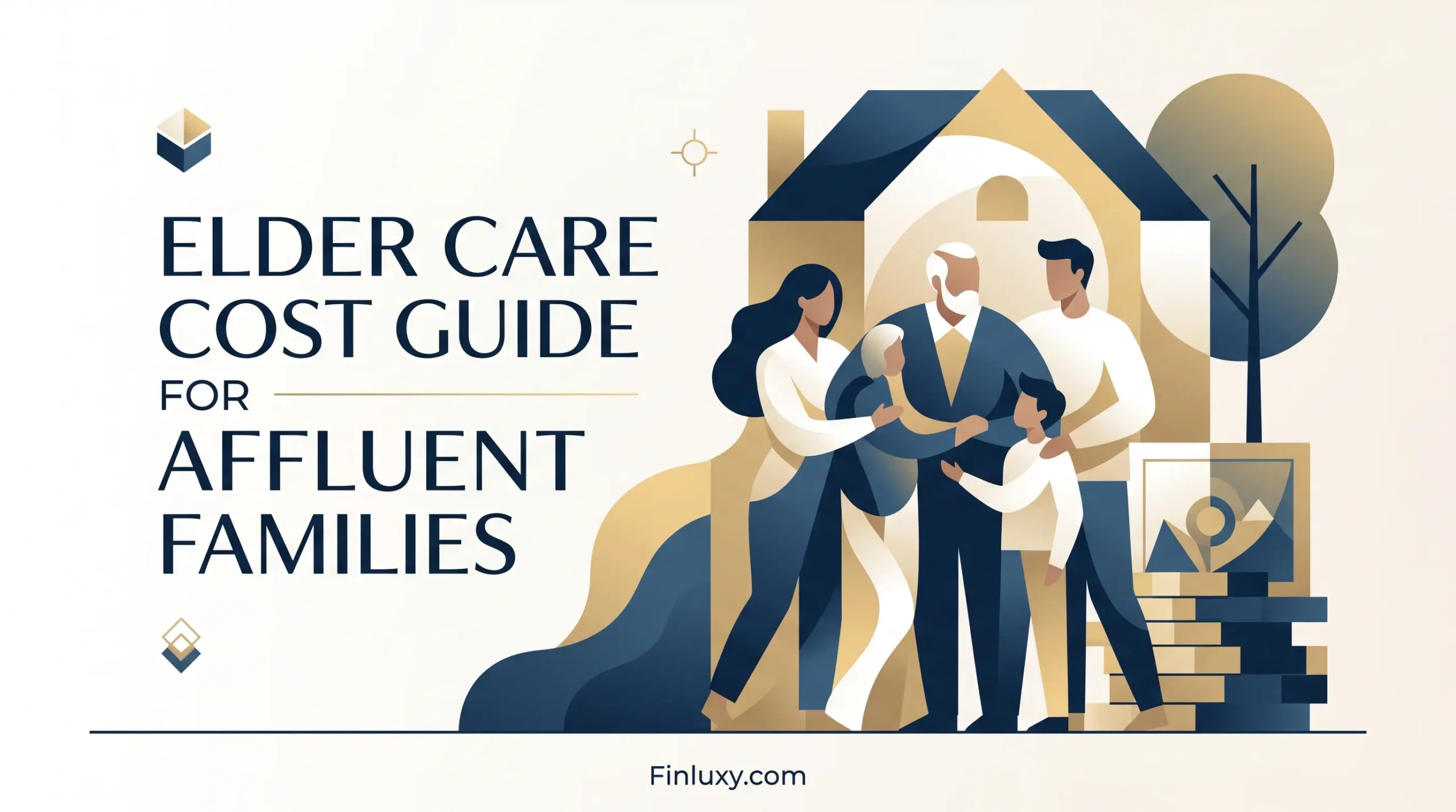 Minimal geometric vector illustration with family supporting elderly relatives near a large house, illustrating an elder care cost guide.