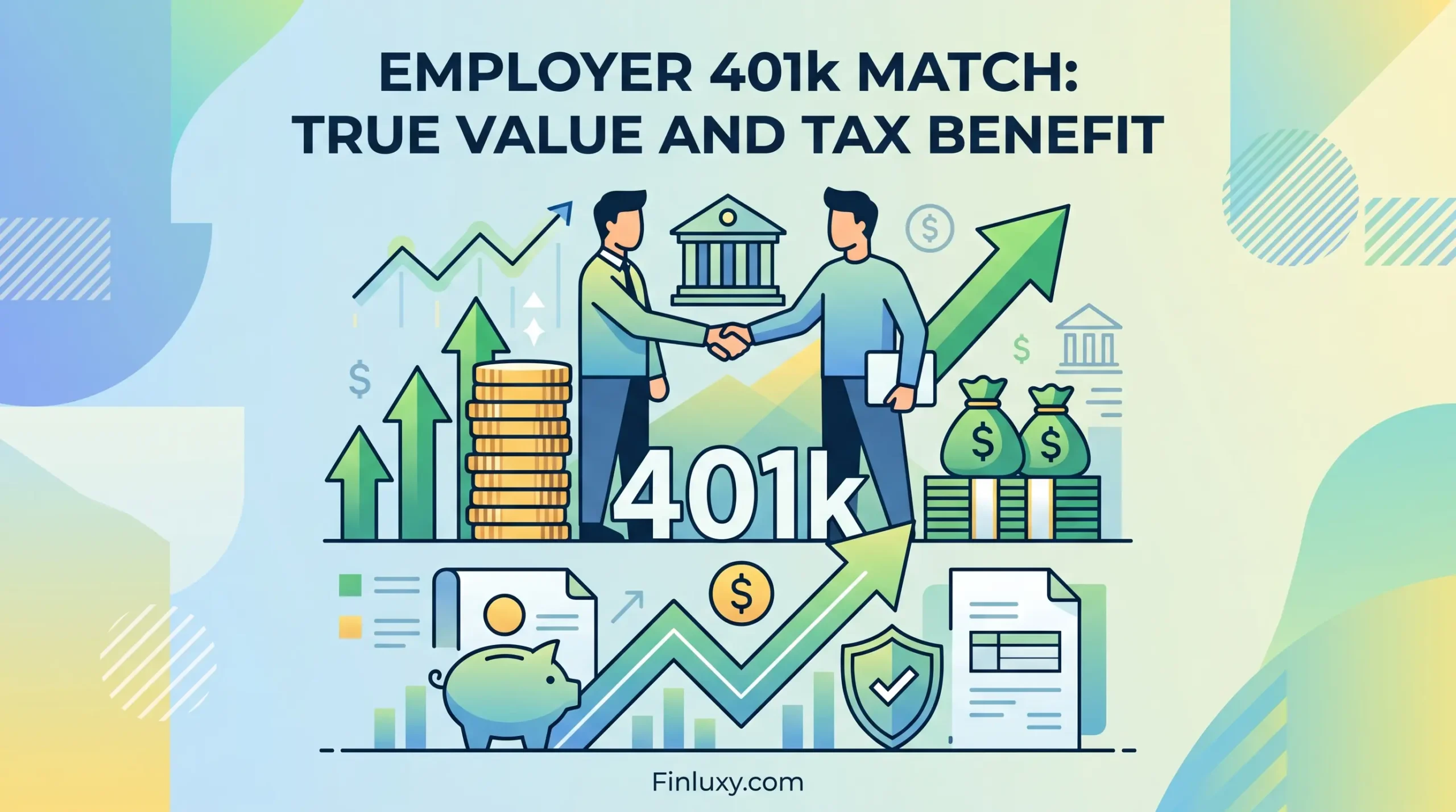 Geometric vector illustration of two figures shaking hands, symbolizing an employer 401k matching agreement, with growing arrows.