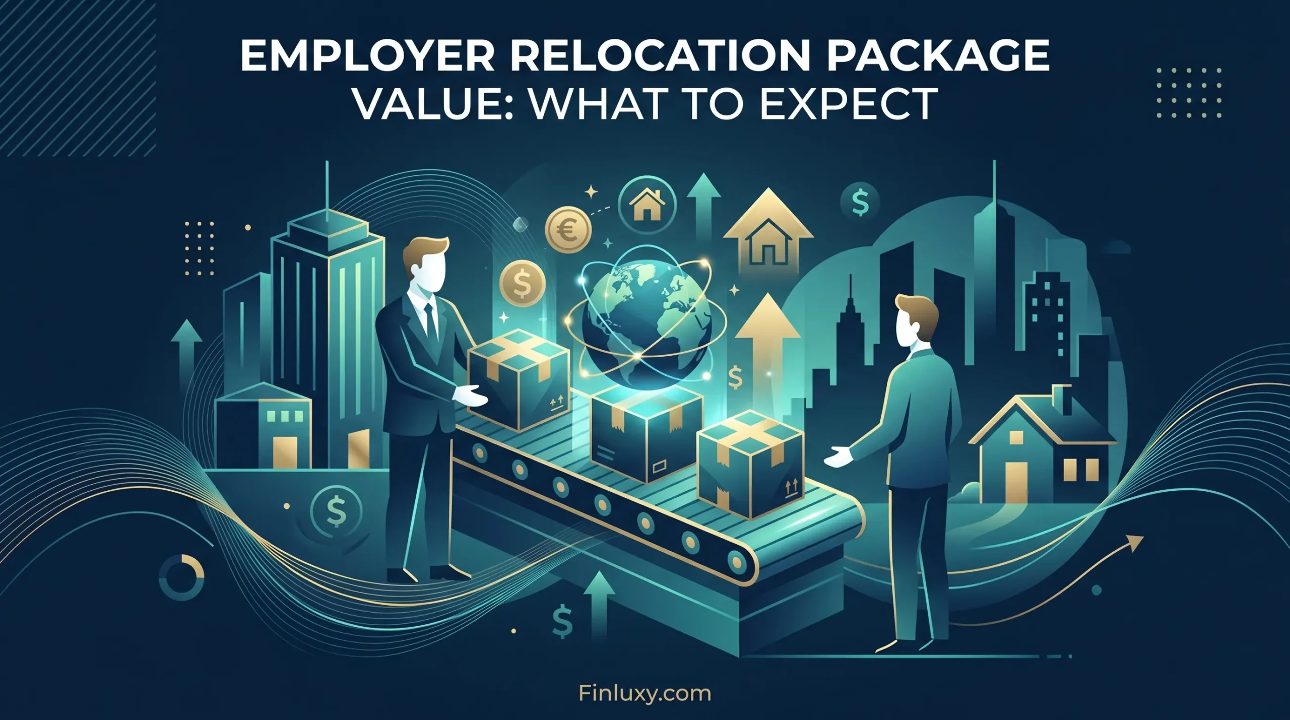 Geometric illustration showing a globe, moving boxes, and financial symbols, representing the value of an employer relocation package.