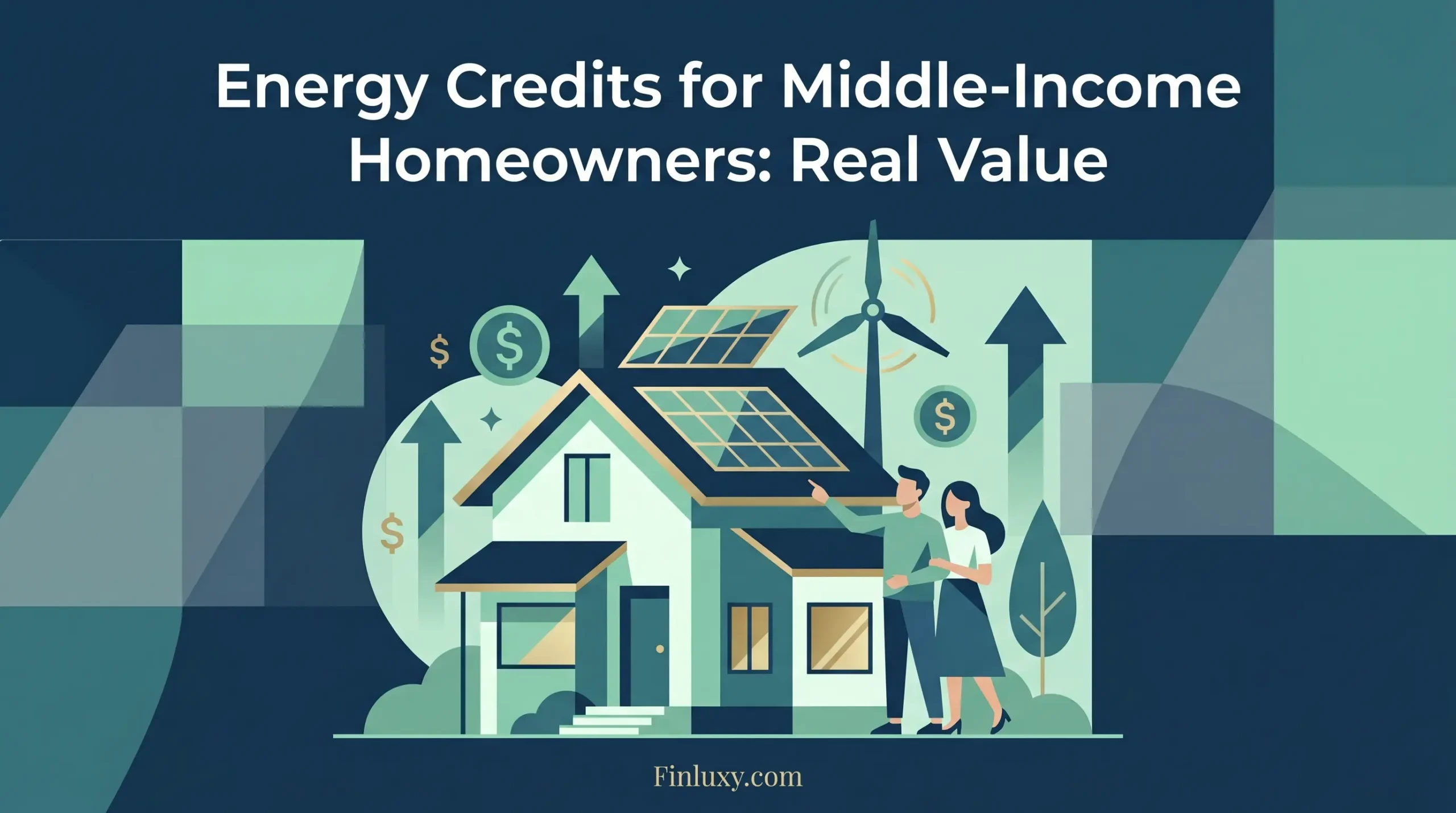 Geometric vector illustration for Finluxy shows a couple near a home with solar panels, wind turbines, and money symbols.