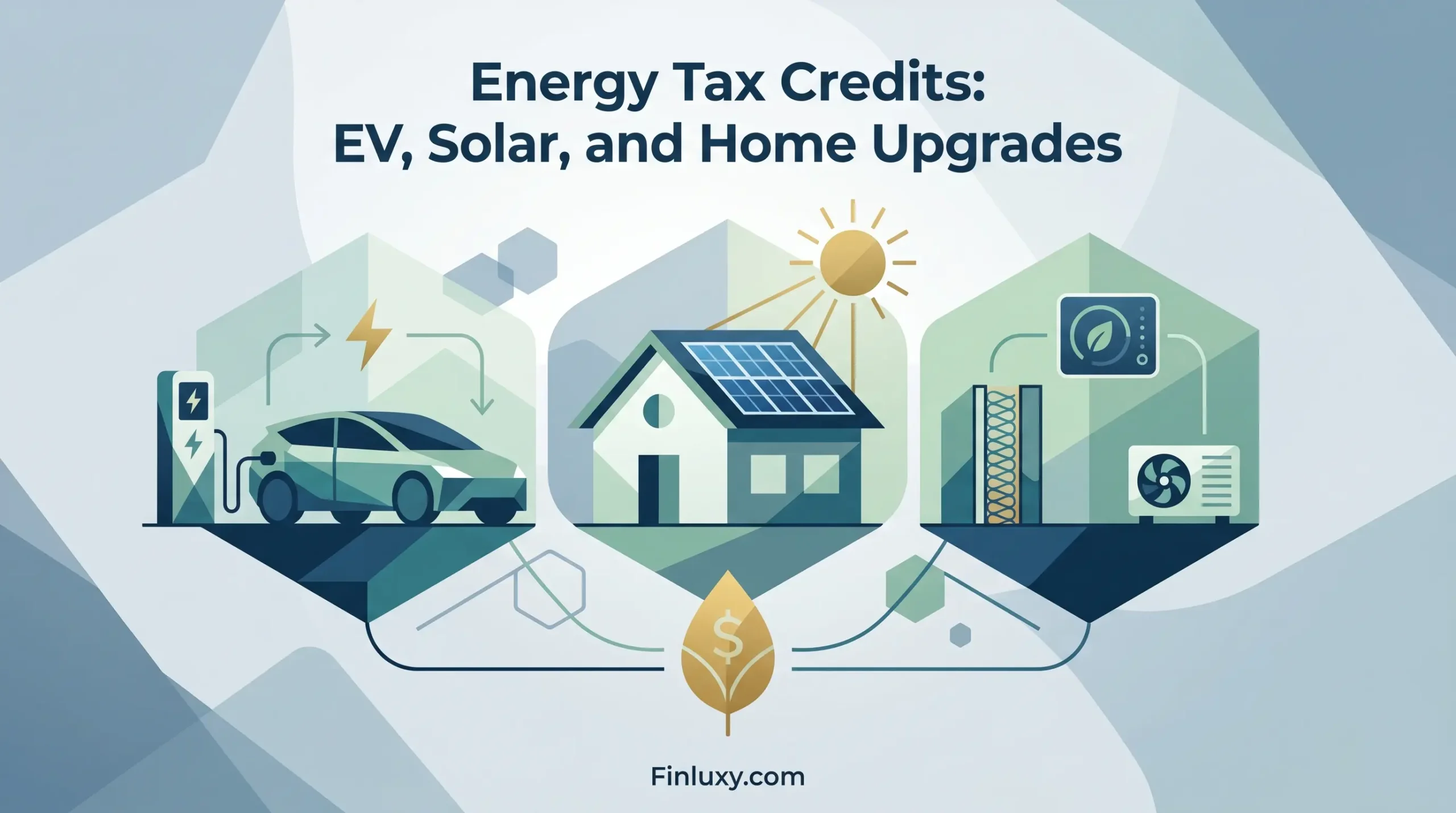Geometric illustration showing icons for EV charging, solar panels, and home energy upgrades, representing tax credit opportunities.