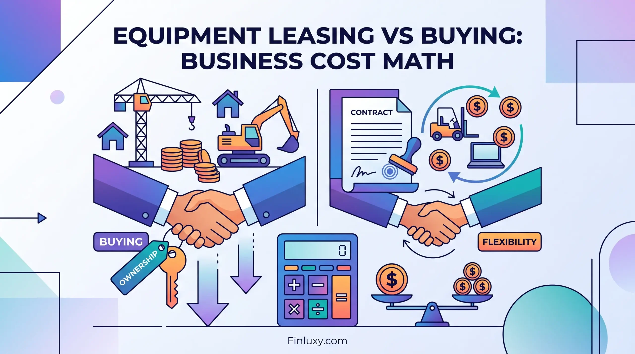 Flat vector illustration comparing equipment buying with a crane to leasing with a contract, including a central calculator.