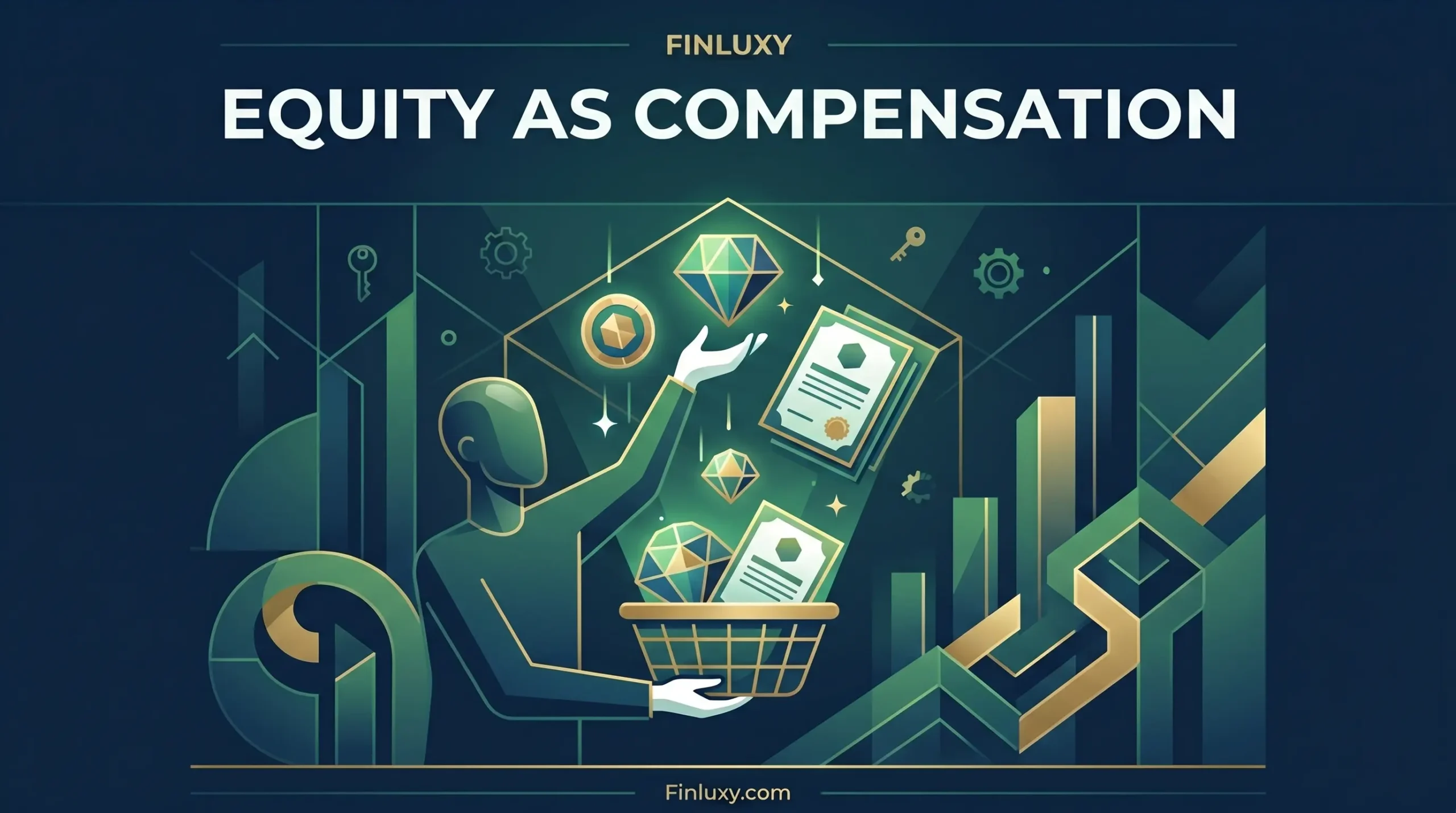 Geometric illustration of a figure collecting diamonds and certificates in a basket under the headline "Equity as Compensation."