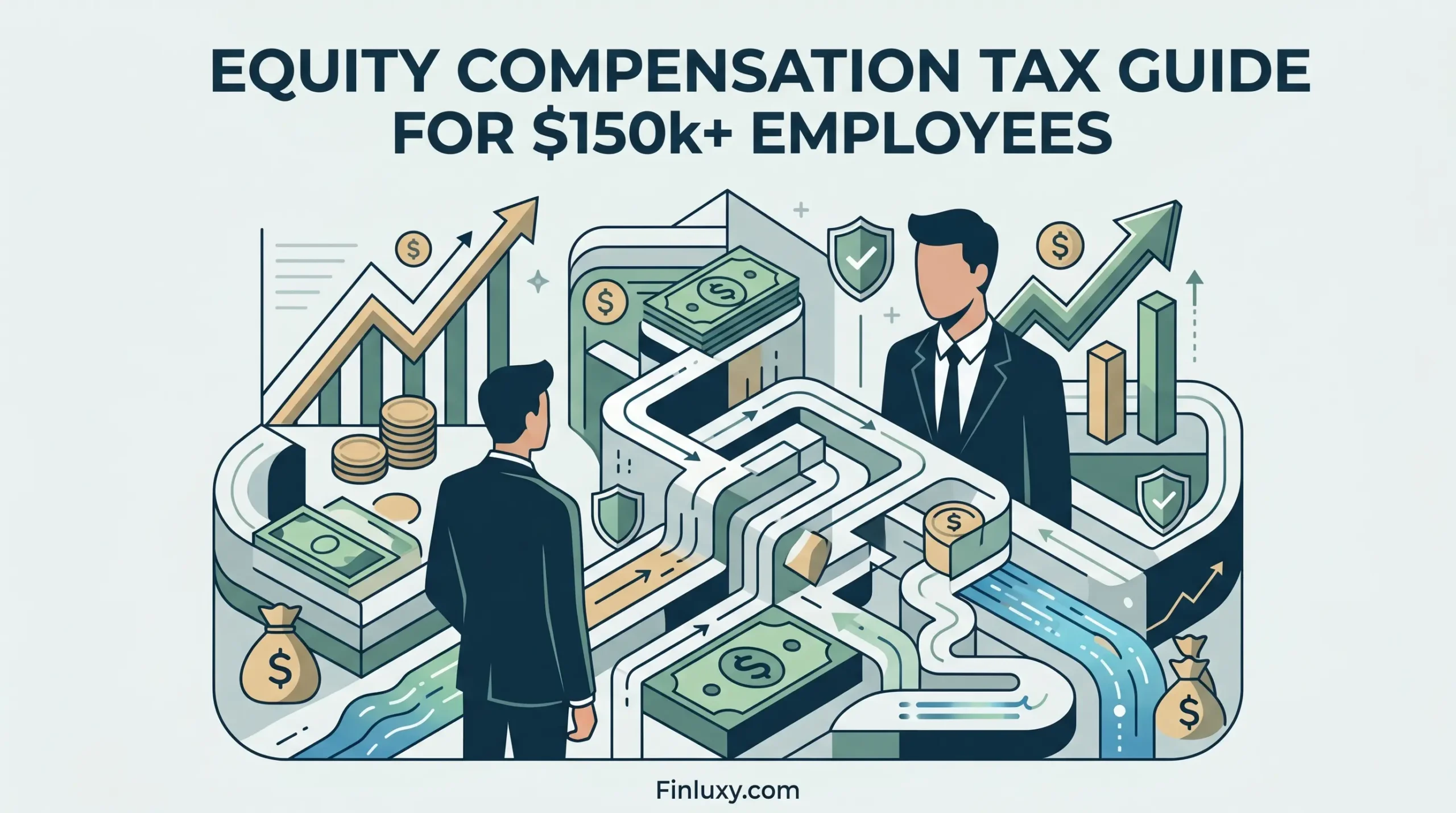 A premium geometric vector illustration showing two business professionals navigating a complex financial maze filled with growth arrows, dollar signs, and income streams.